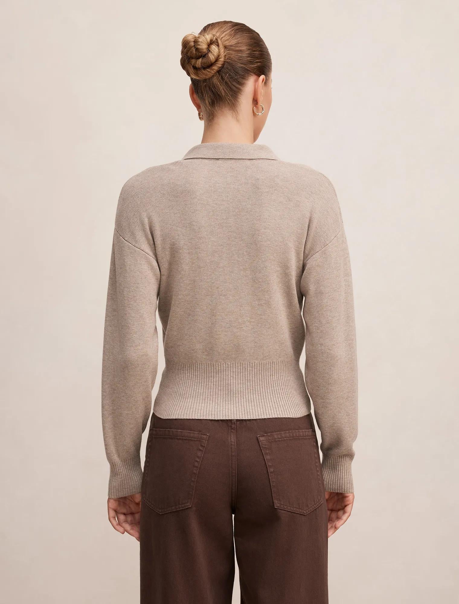Maddie Cinched Waist Knit Polo Top Neutral