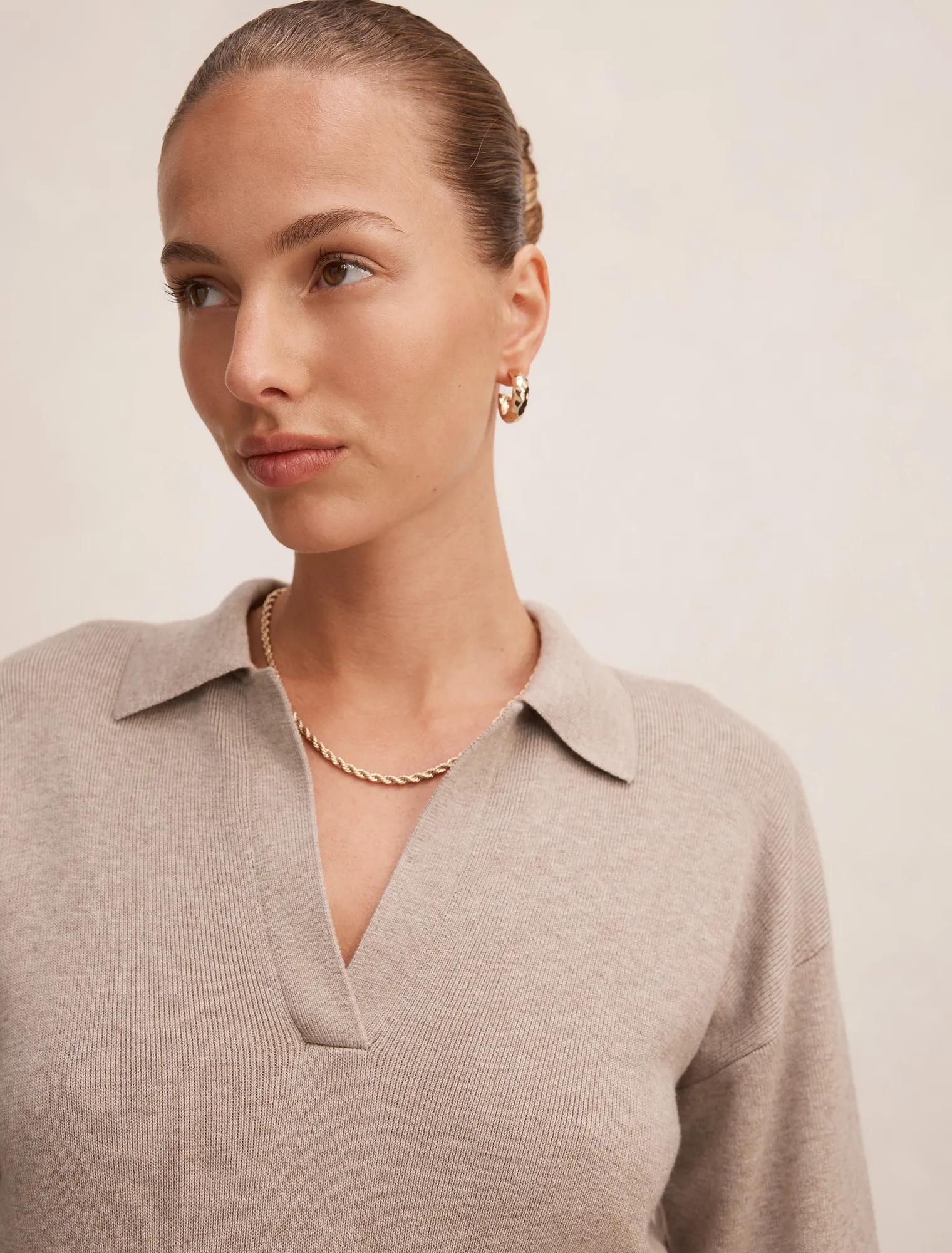 Maddie Cinched Waist Knit Polo Top Neutral