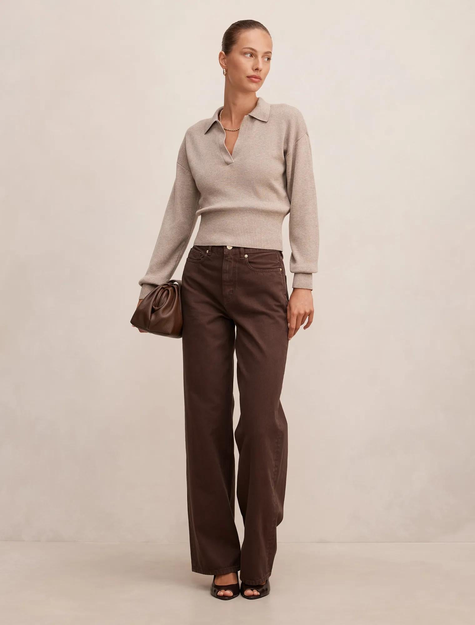 Maddie Cinched Waist Knit Polo Top Neutral