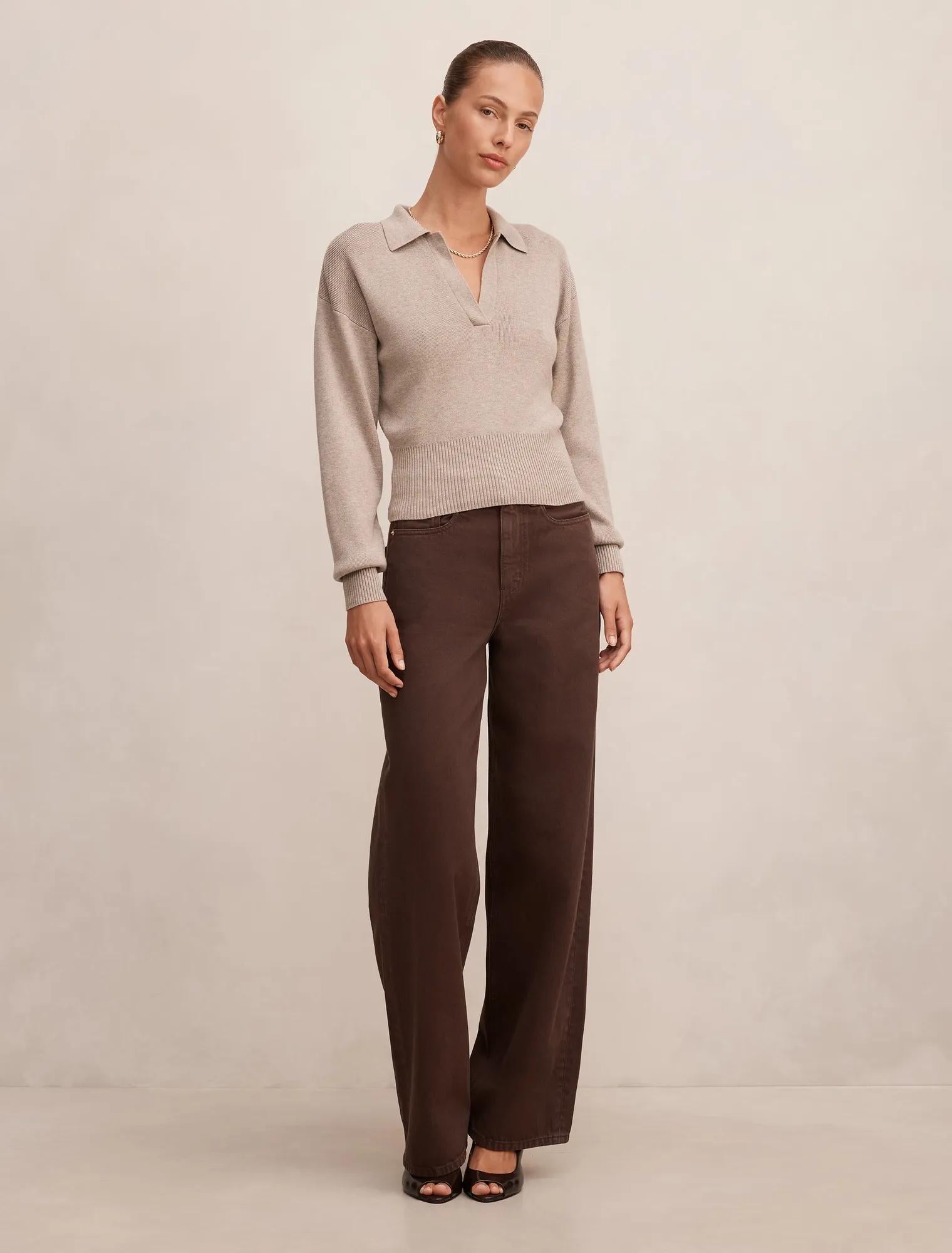 Maddie Cinched Waist Knit Polo Top Neutral