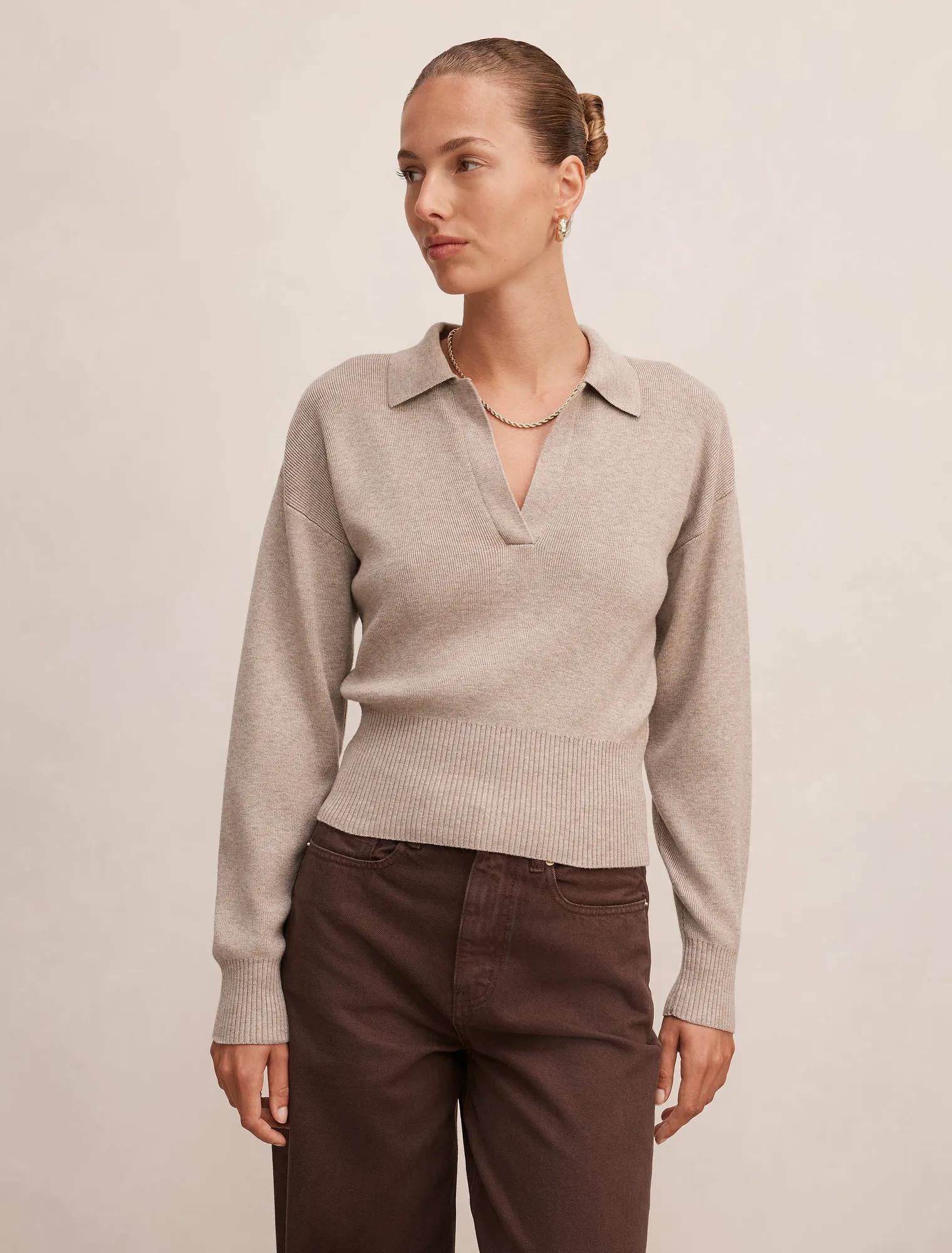 Maddie Cinched Waist Knit Polo Top Neutral