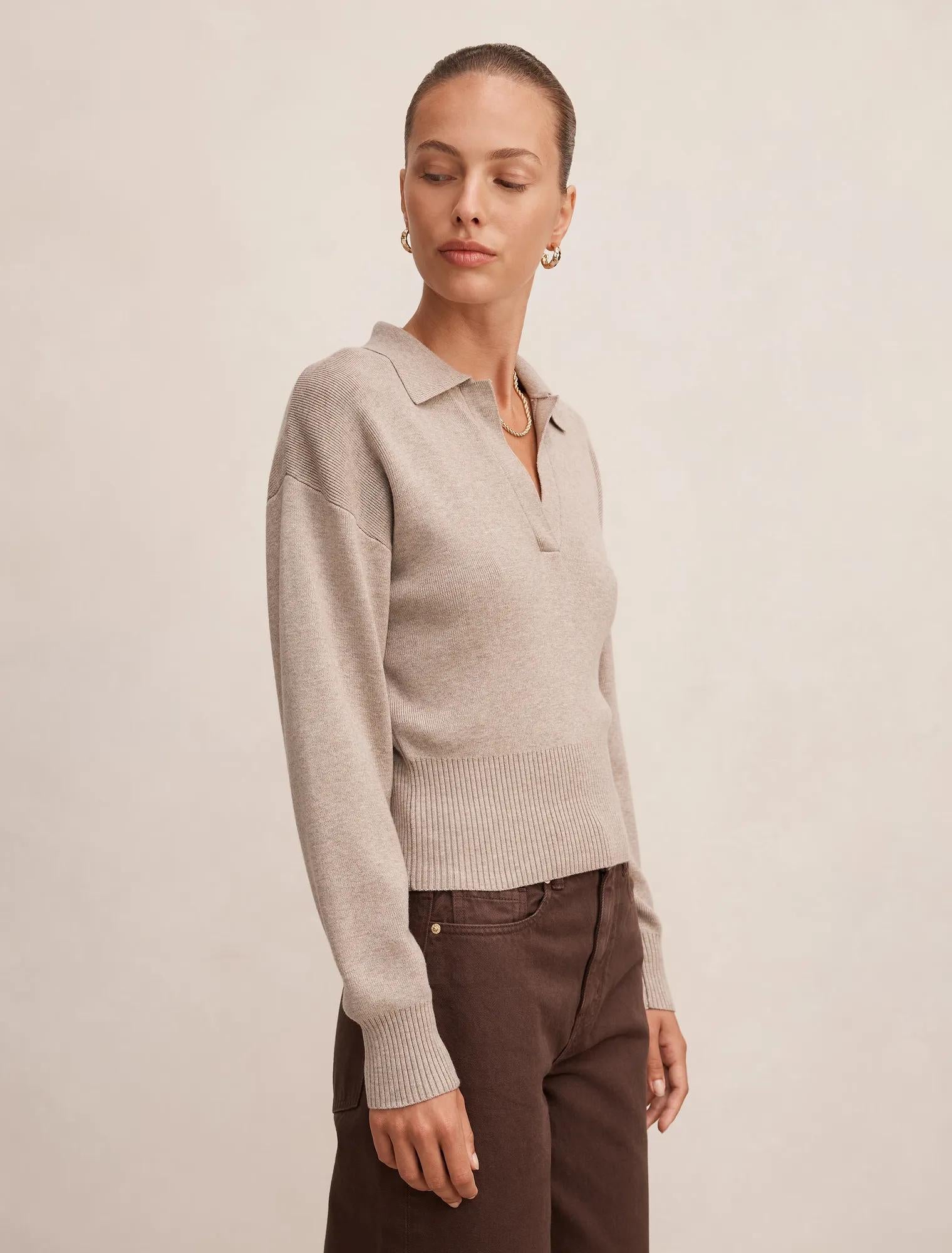 Maddie Cinched Waist Knit Polo Top Neutral