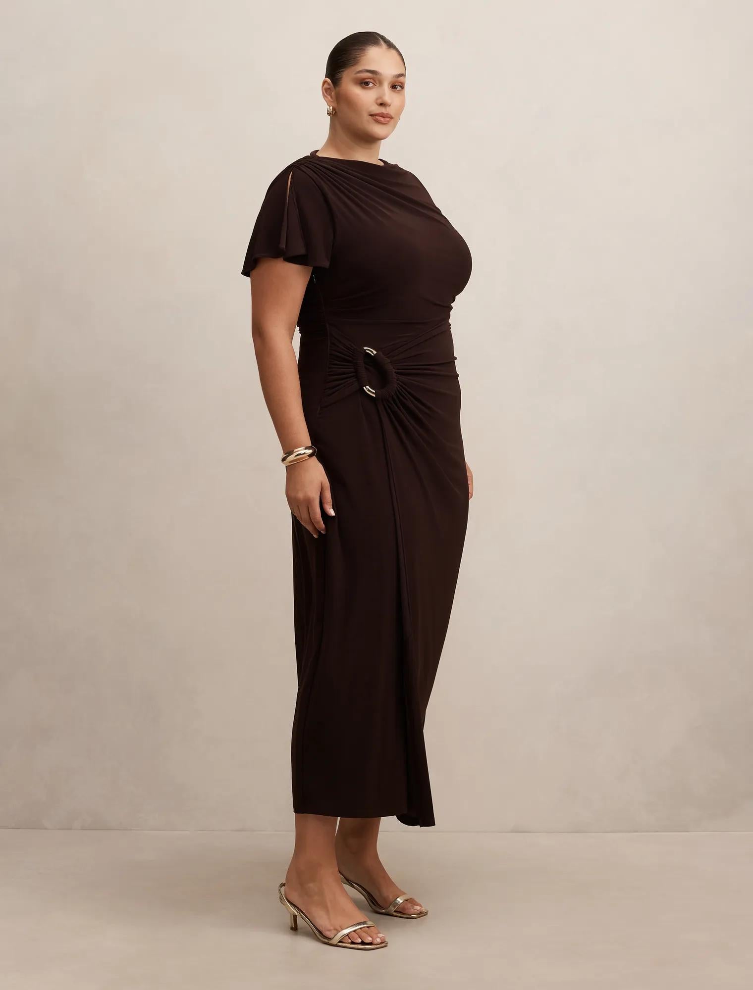 Fiora Curve Short Sleeve Hardware Midi Dark Chocolate