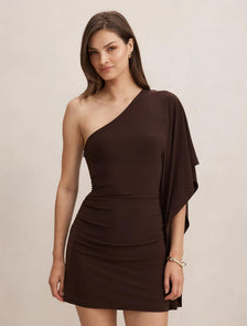 Adriana One Shoulder Mini Dress Bitter Chocolate