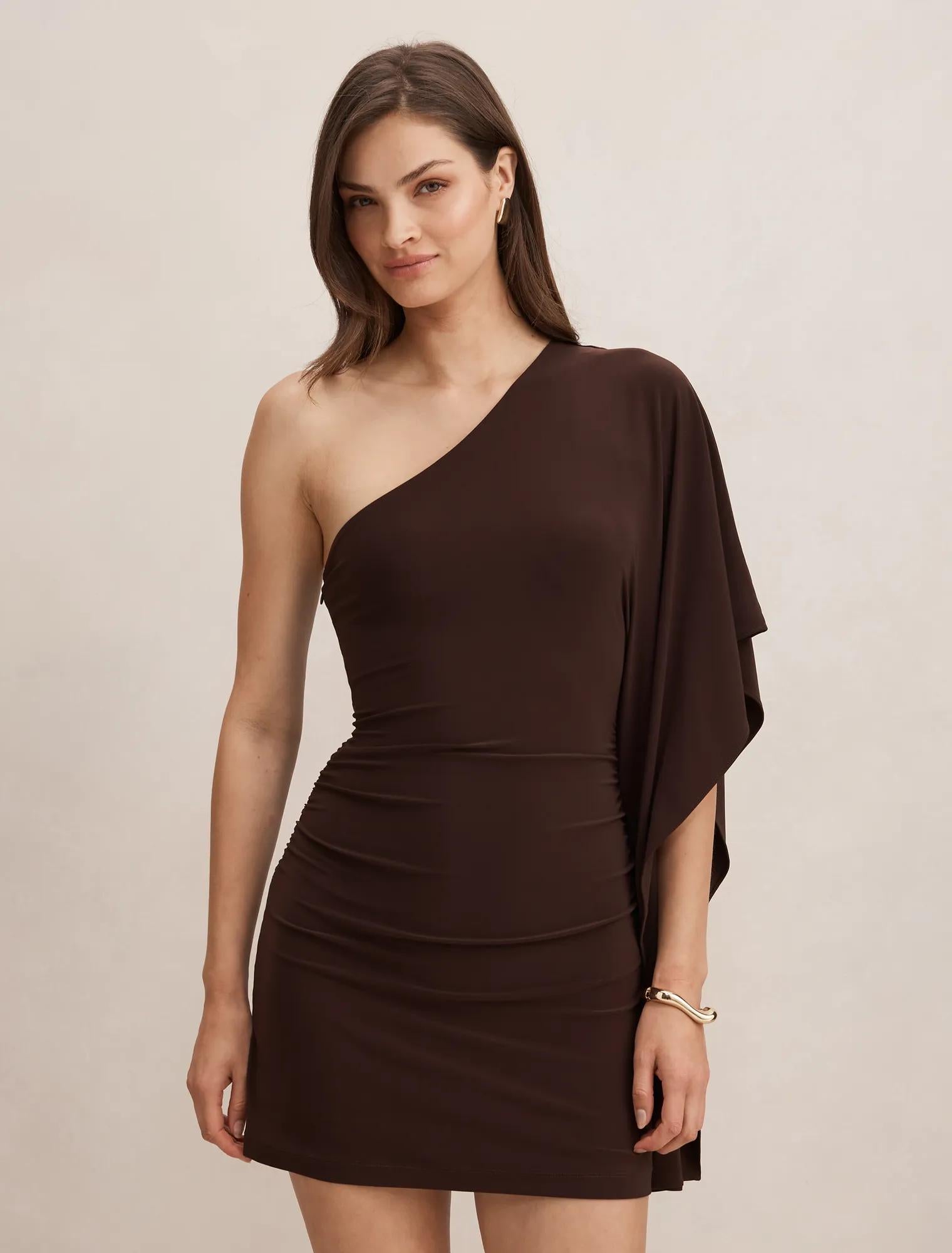 Adriana One Shoulder Mini Dress Bitter Chocolate