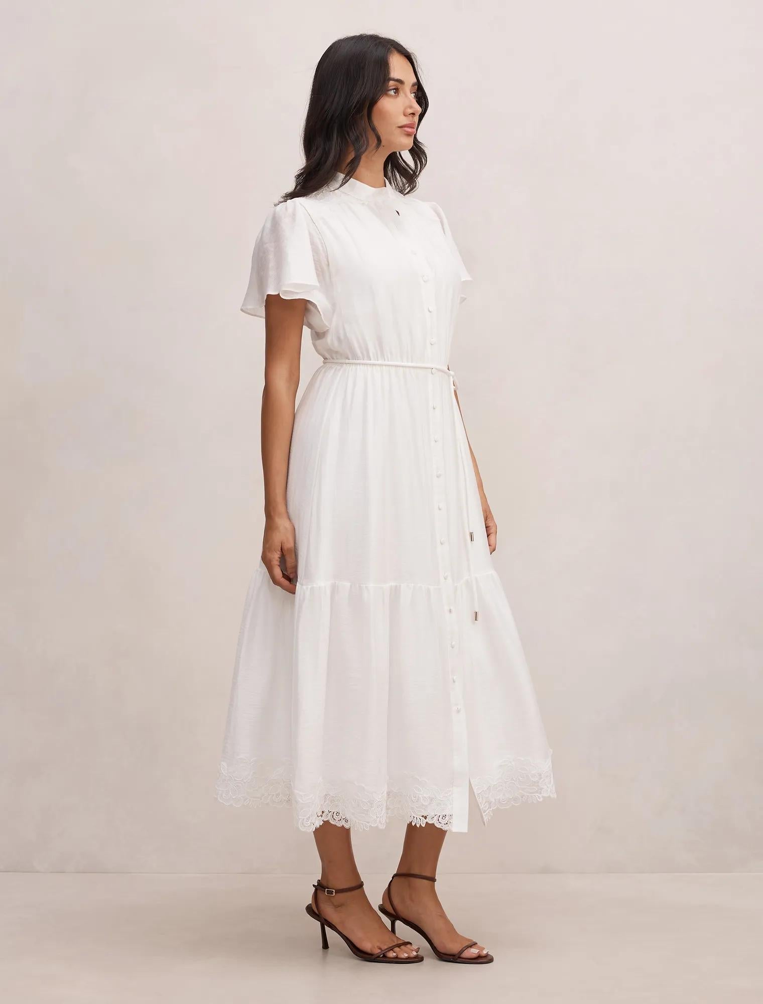 Harriet Lace Detail Midi Dress Porcelain