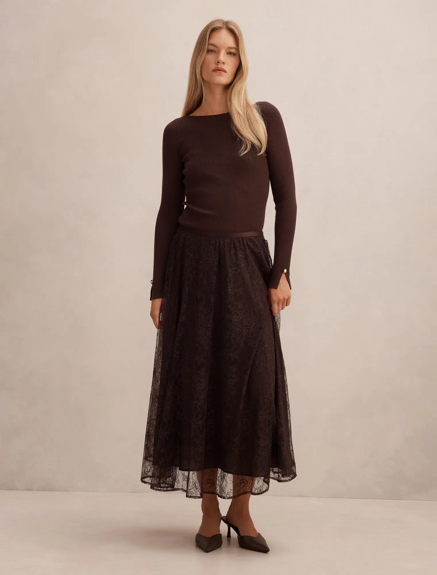 Heather Lace Midi Skirt Chocolate