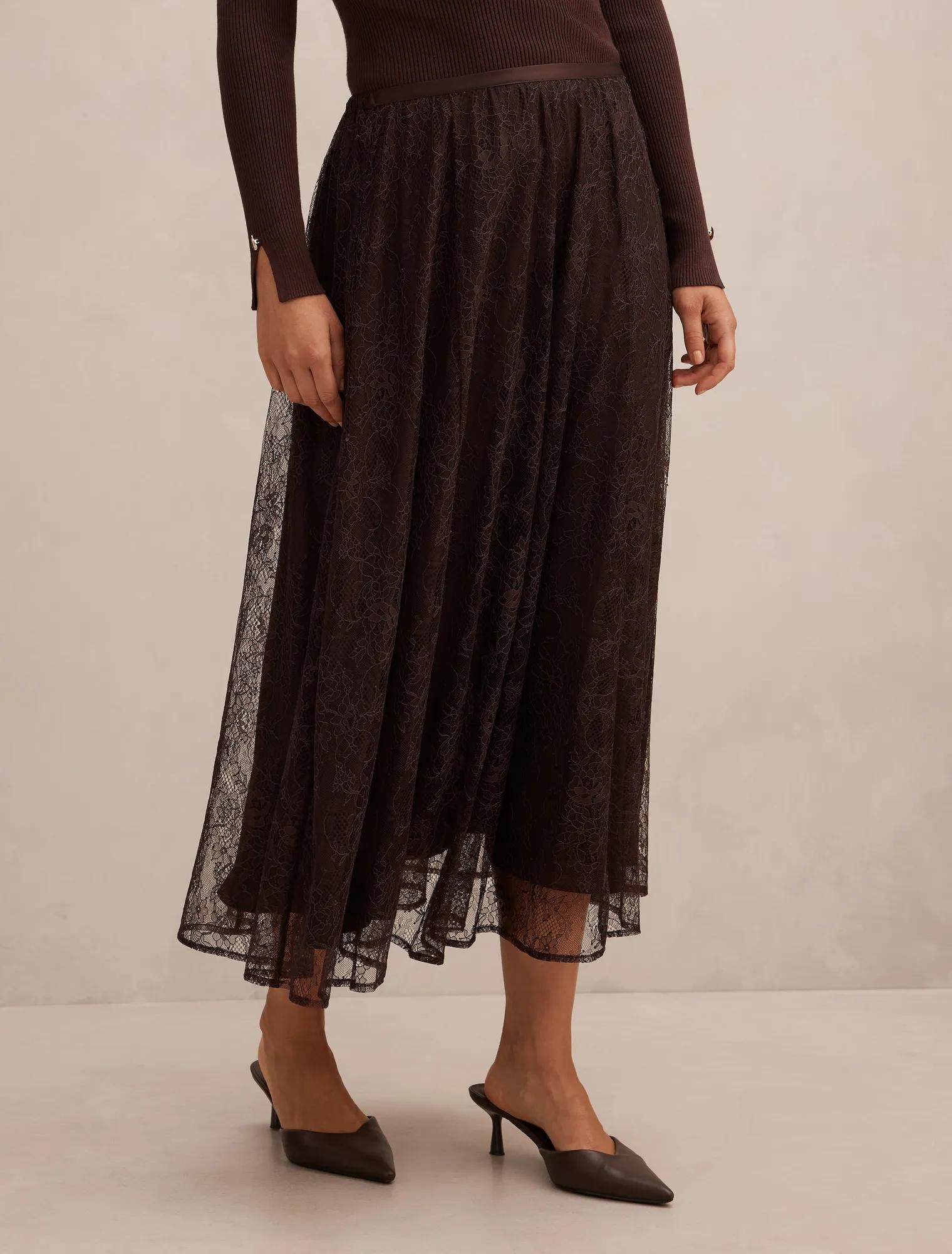 Heather Lace Midi Skirt Chocolate