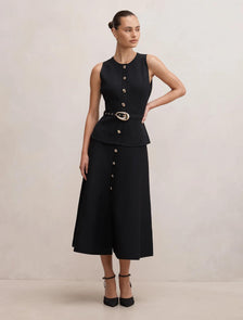 Amelia Layered A-Line Midi Dress Black