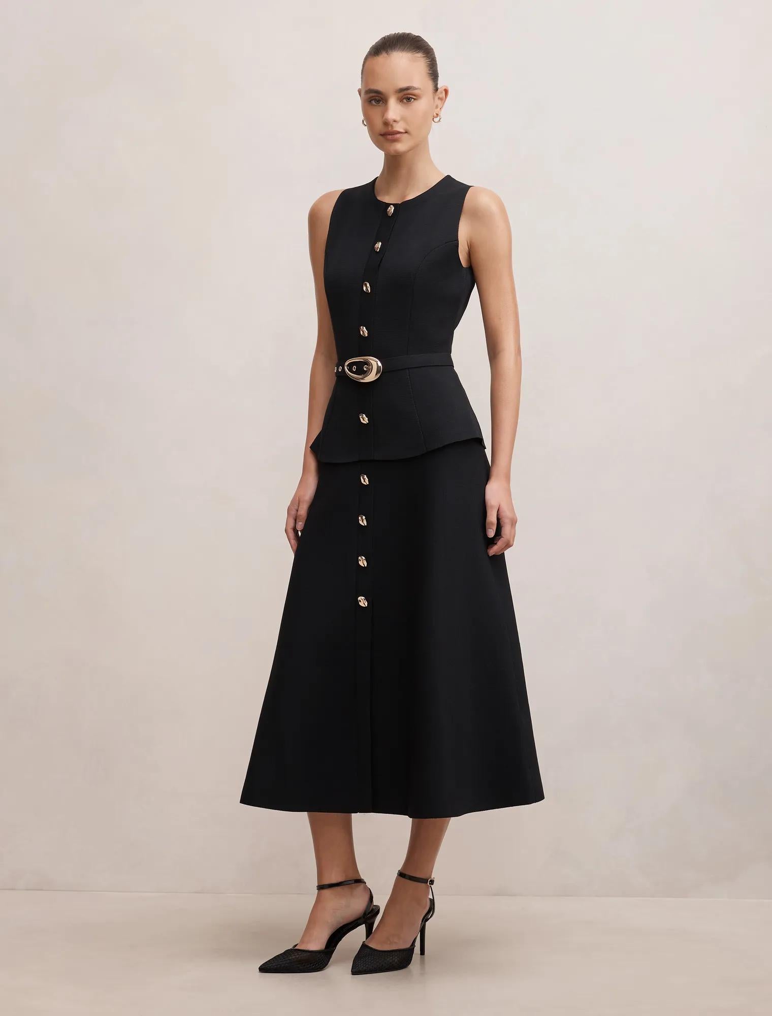 Amelia Layered A-Line Midi Dress Black