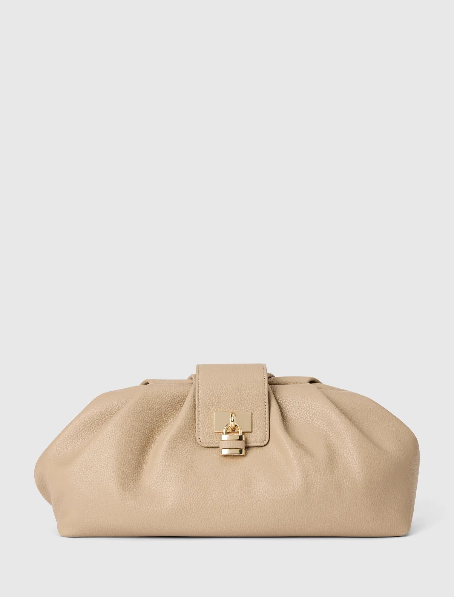 Portia Padlock Soft Clutch oatmeal_mannequin