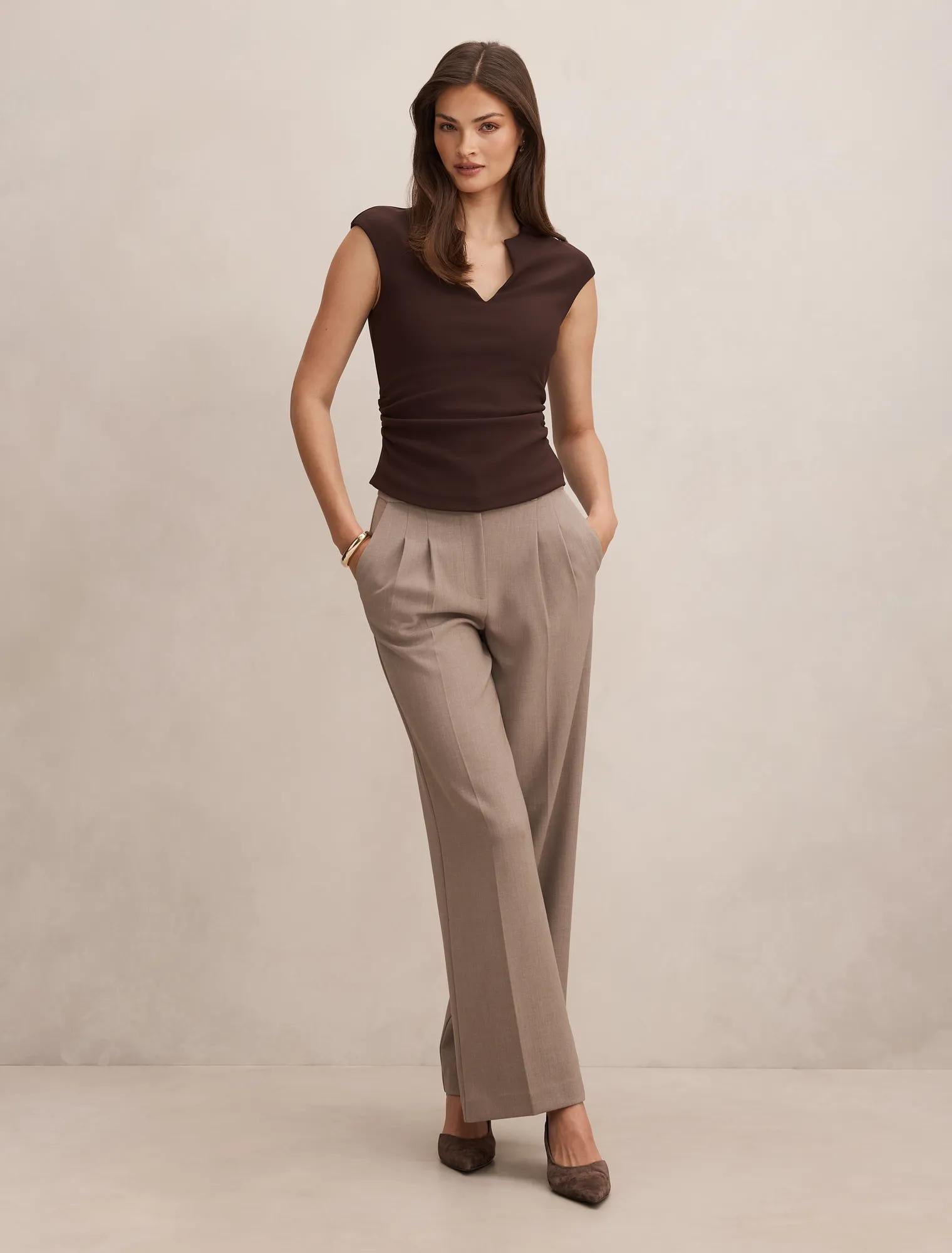 Eva Pleat Wide Leg Pants Taupe Marle