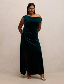 Winslet Curve Off Shoulder Velvet Gown Dark Green