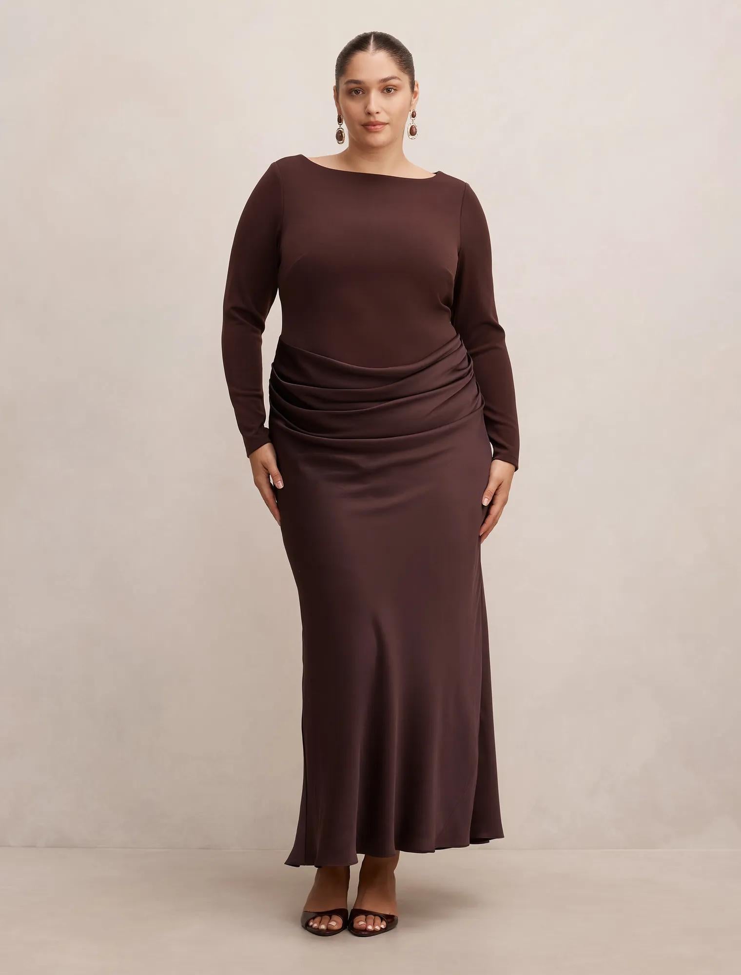 Briella Curve Boat Neck Drape Maxi Dress Dark Chocolate
