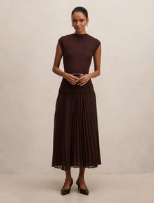 Lorelei Petite Woven Mixed Midi Dress Chocolate