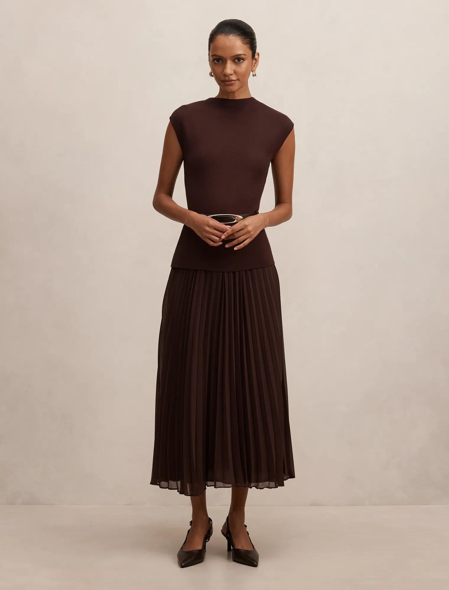Lorelei Petite Woven Mixed Midi Dress Chocolate
