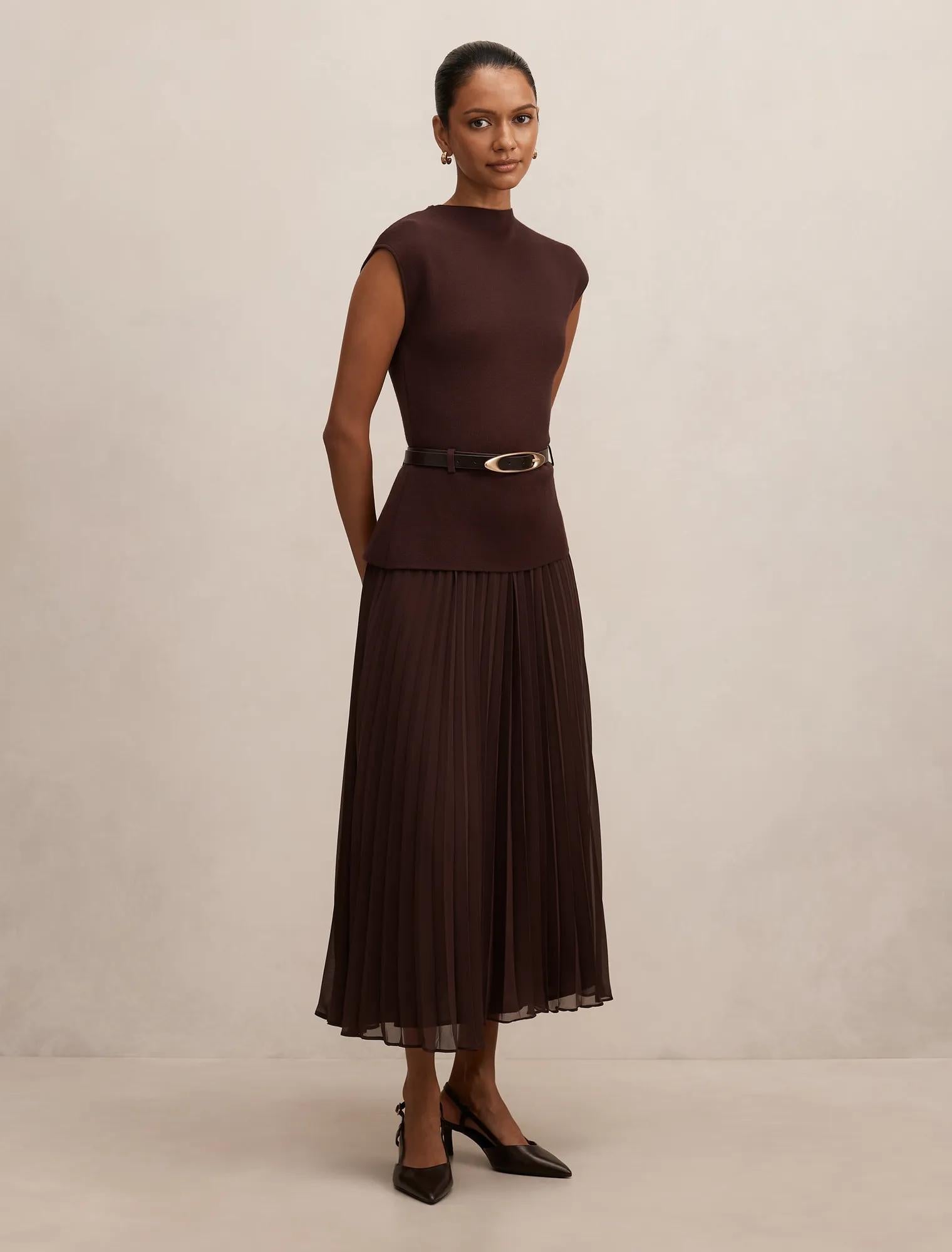 Lorelei Petite Woven Mixed Midi Dress Chocolate