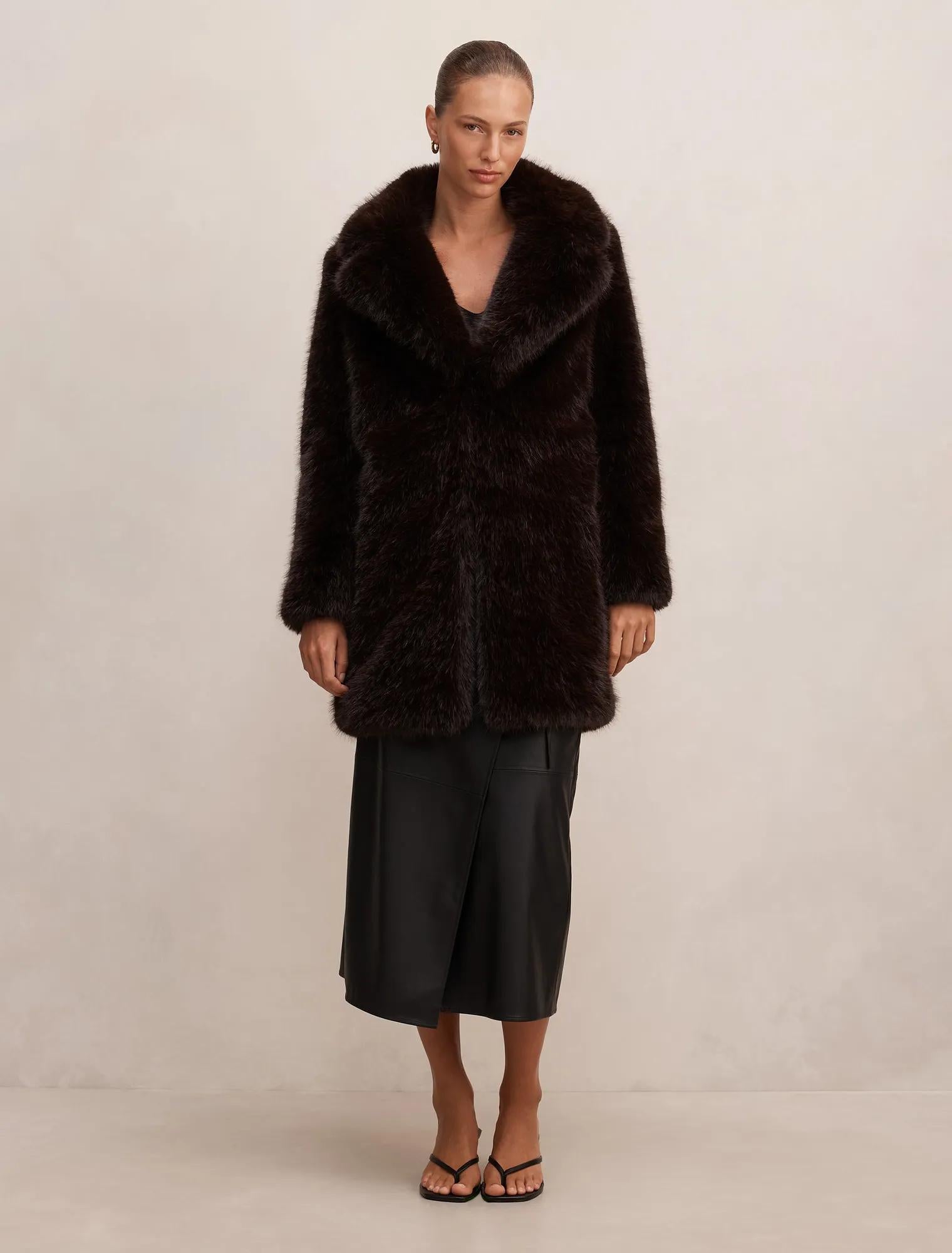 Isla Long Faux Fur Midi Coat Chocolate