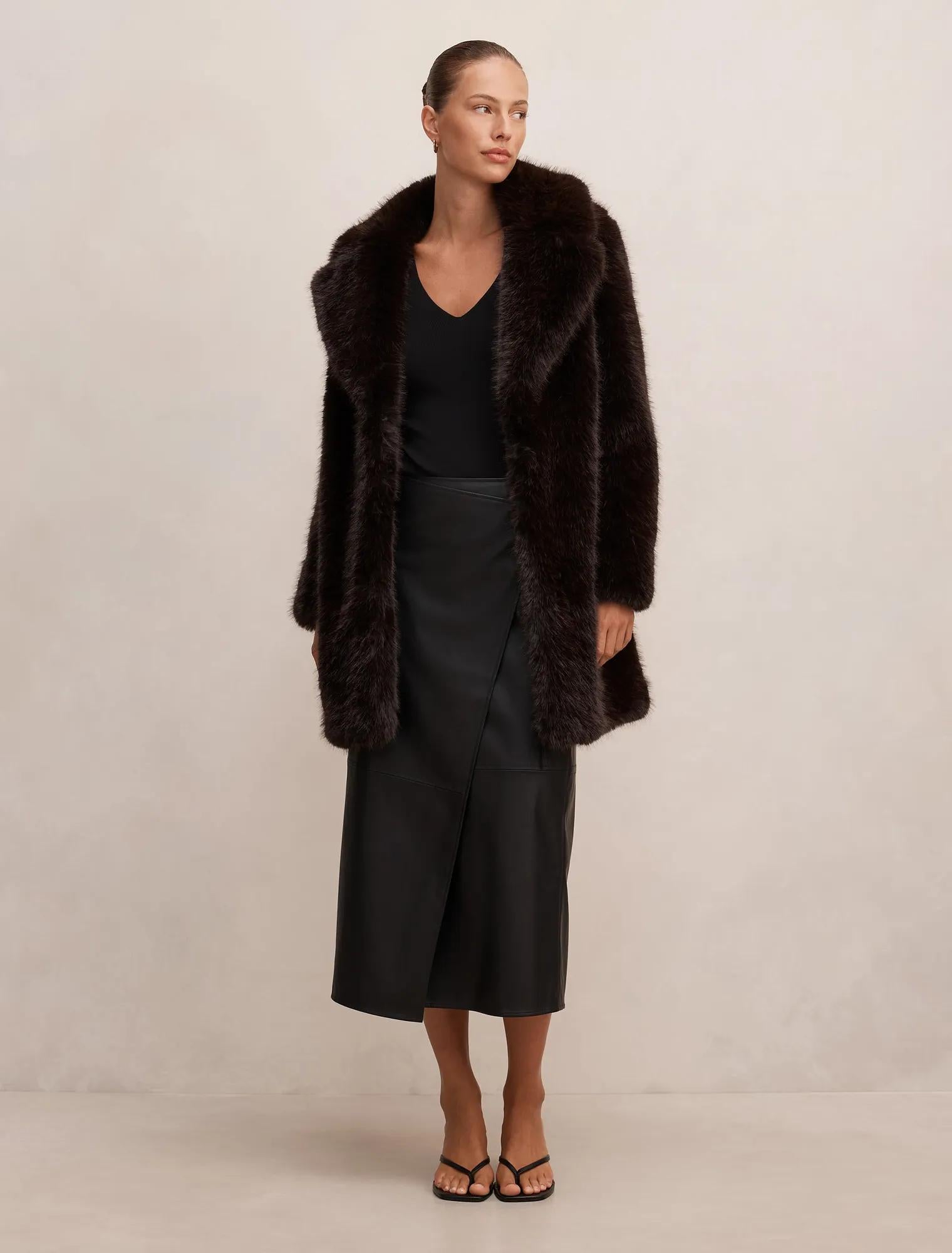 Isla Long Faux Fur Midi Coat Chocolate