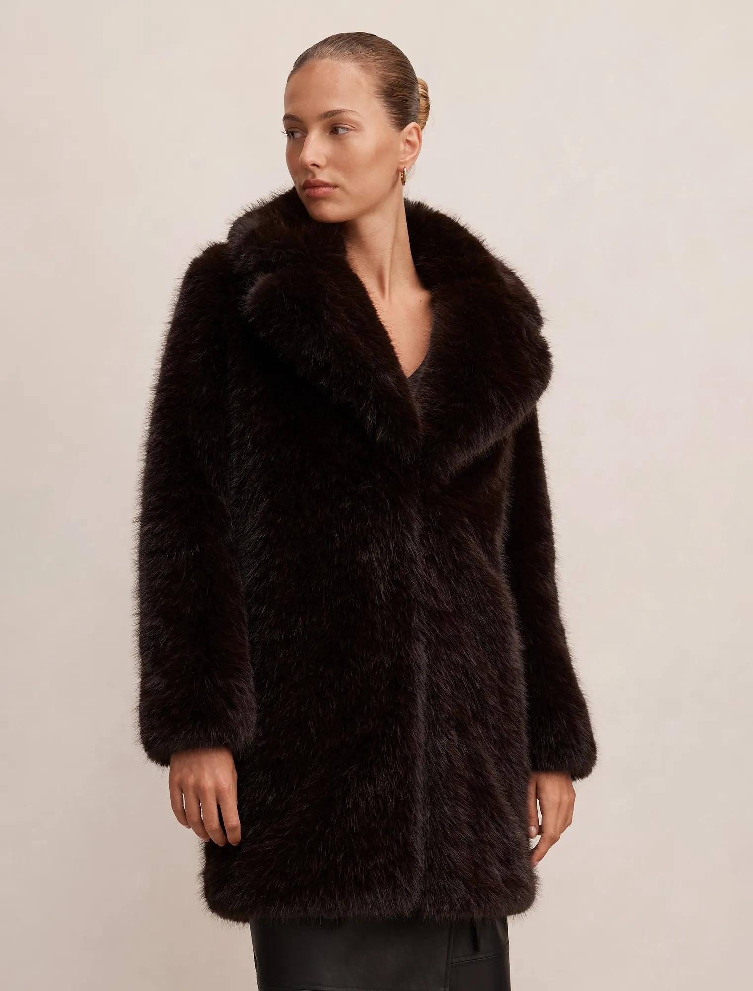 Isla Long Faux Fur Midi Coat Chocolate