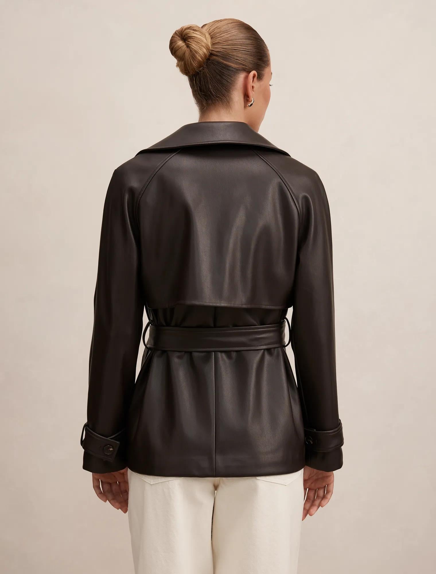 Payton Short Faux Leather Trench Coat Chocolate