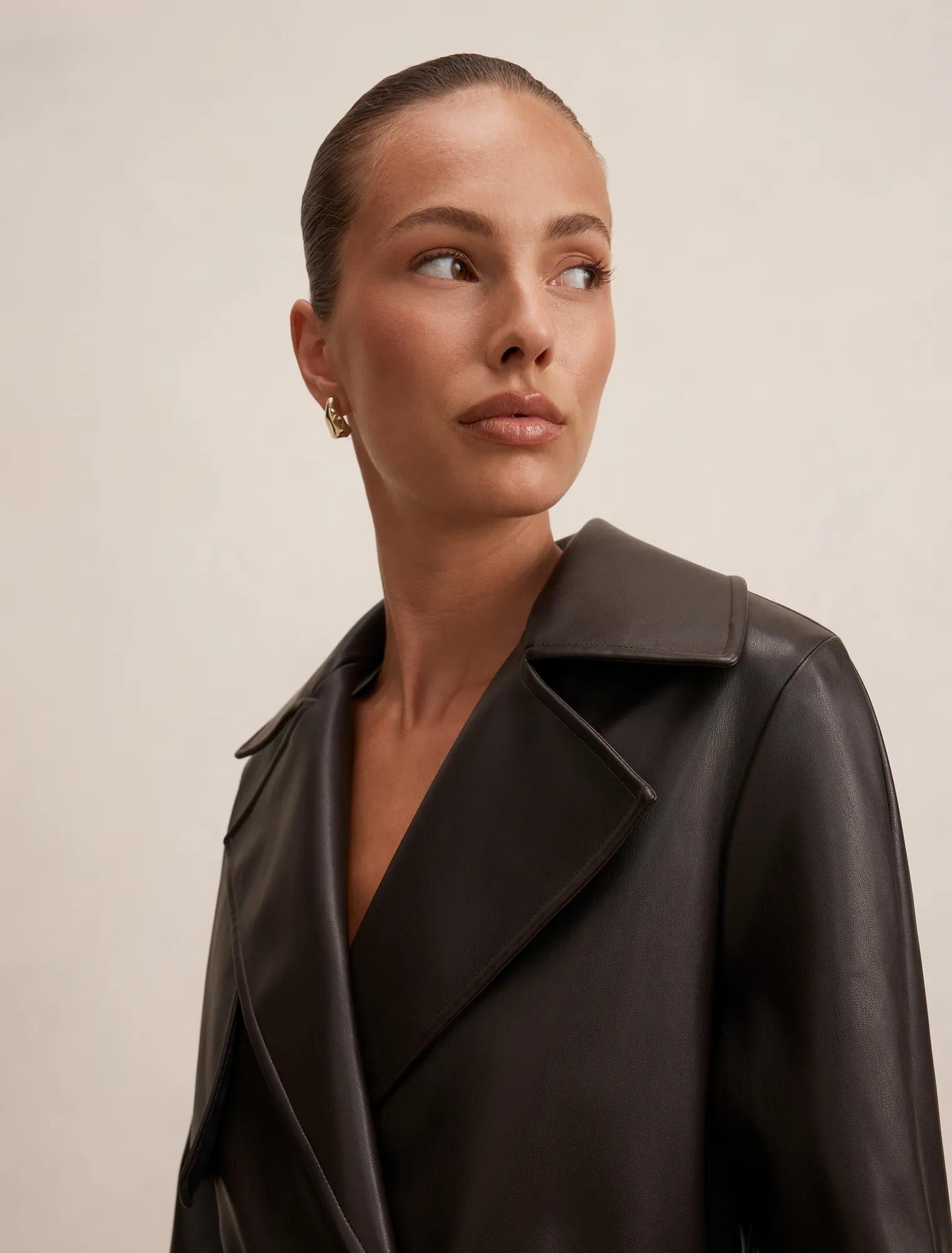 Payton Short Faux Leather Trench Coat Chocolate