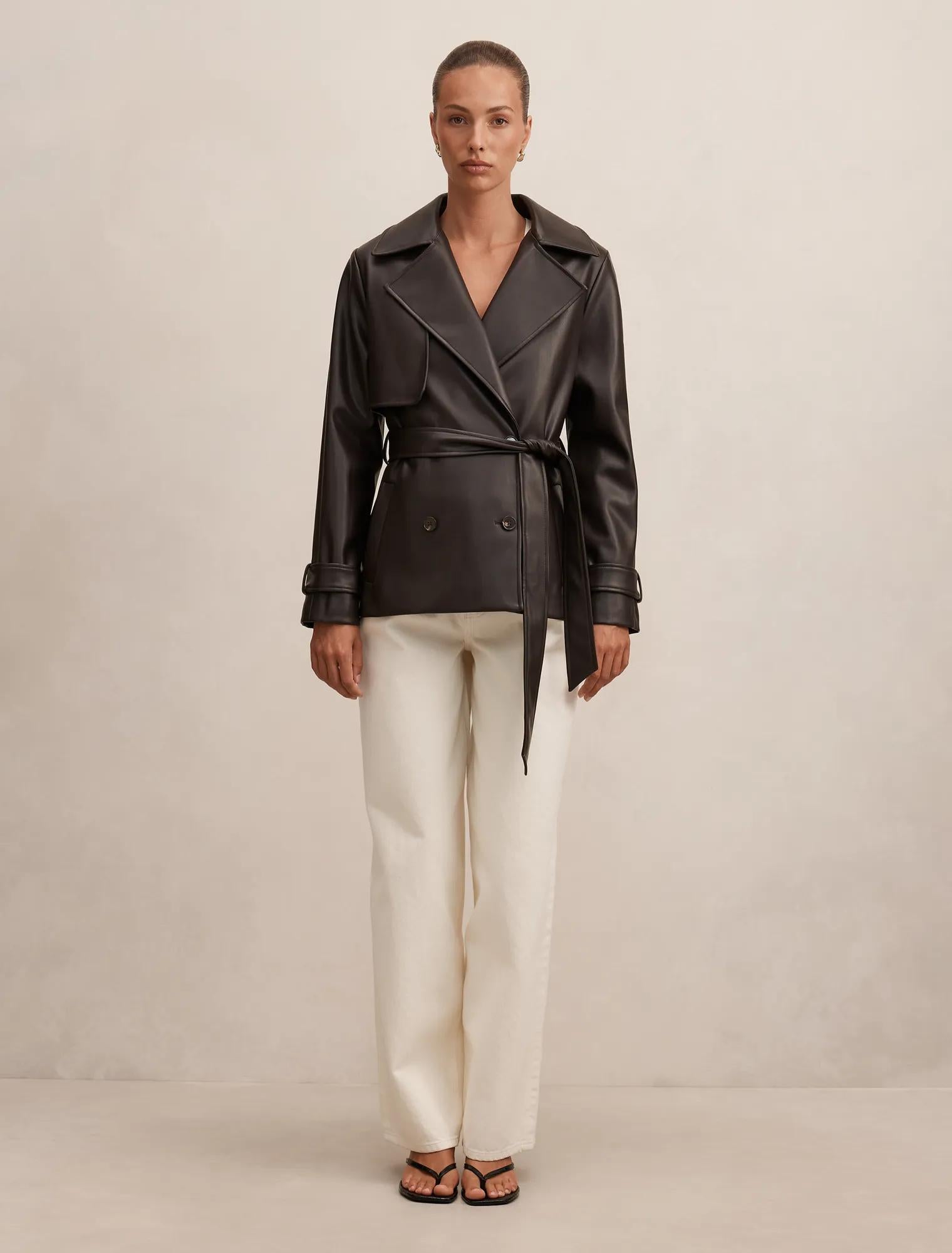Payton Short Faux Leather Trench Coat Chocolate