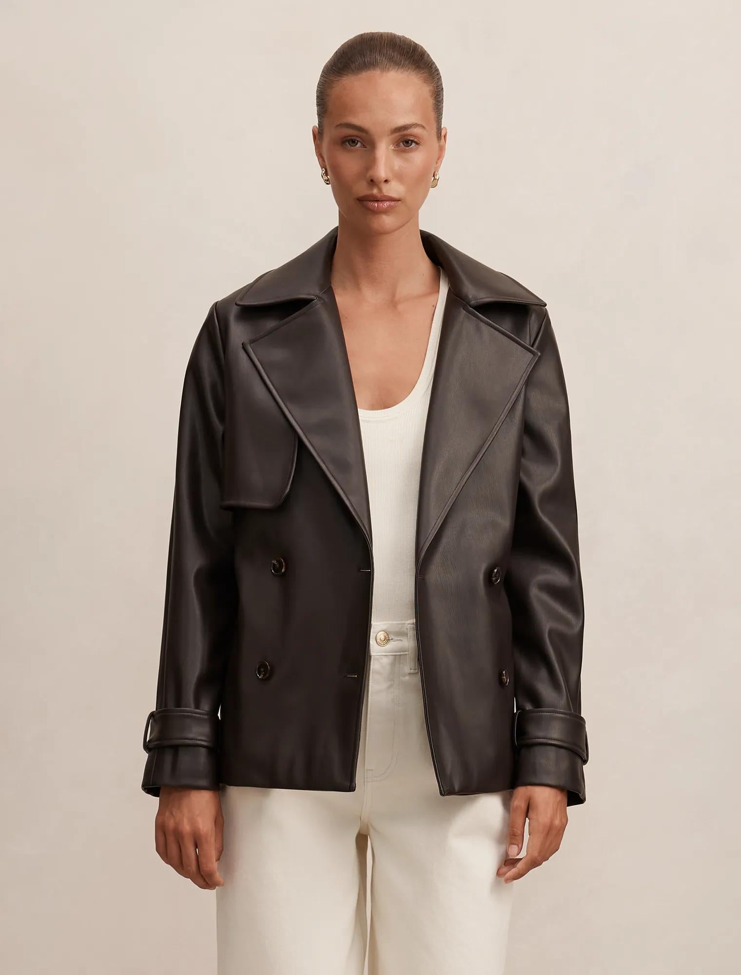 Payton Short Faux Leather Trench Coat Chocolate