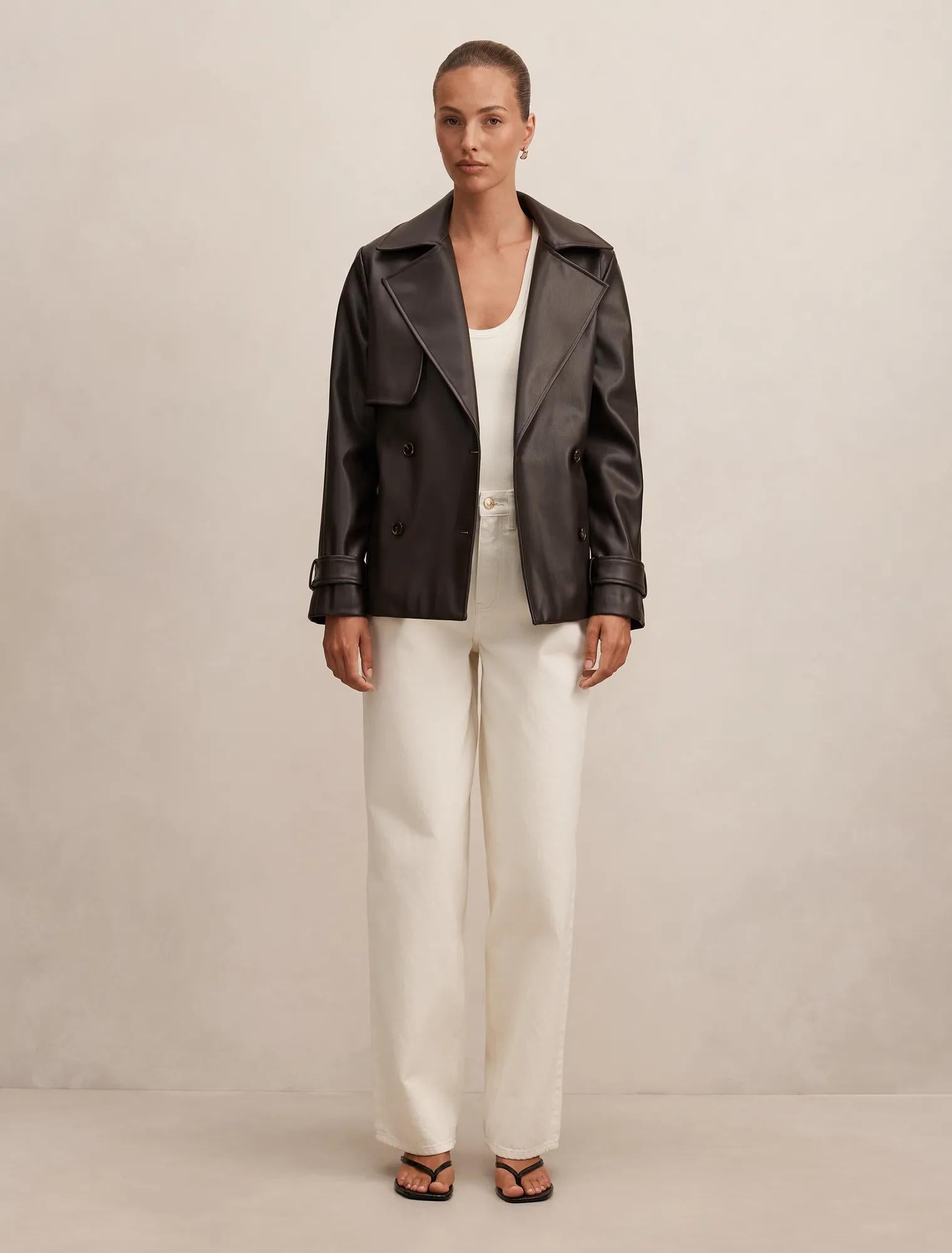 Payton Short Faux Leather Trench Coat Chocolate