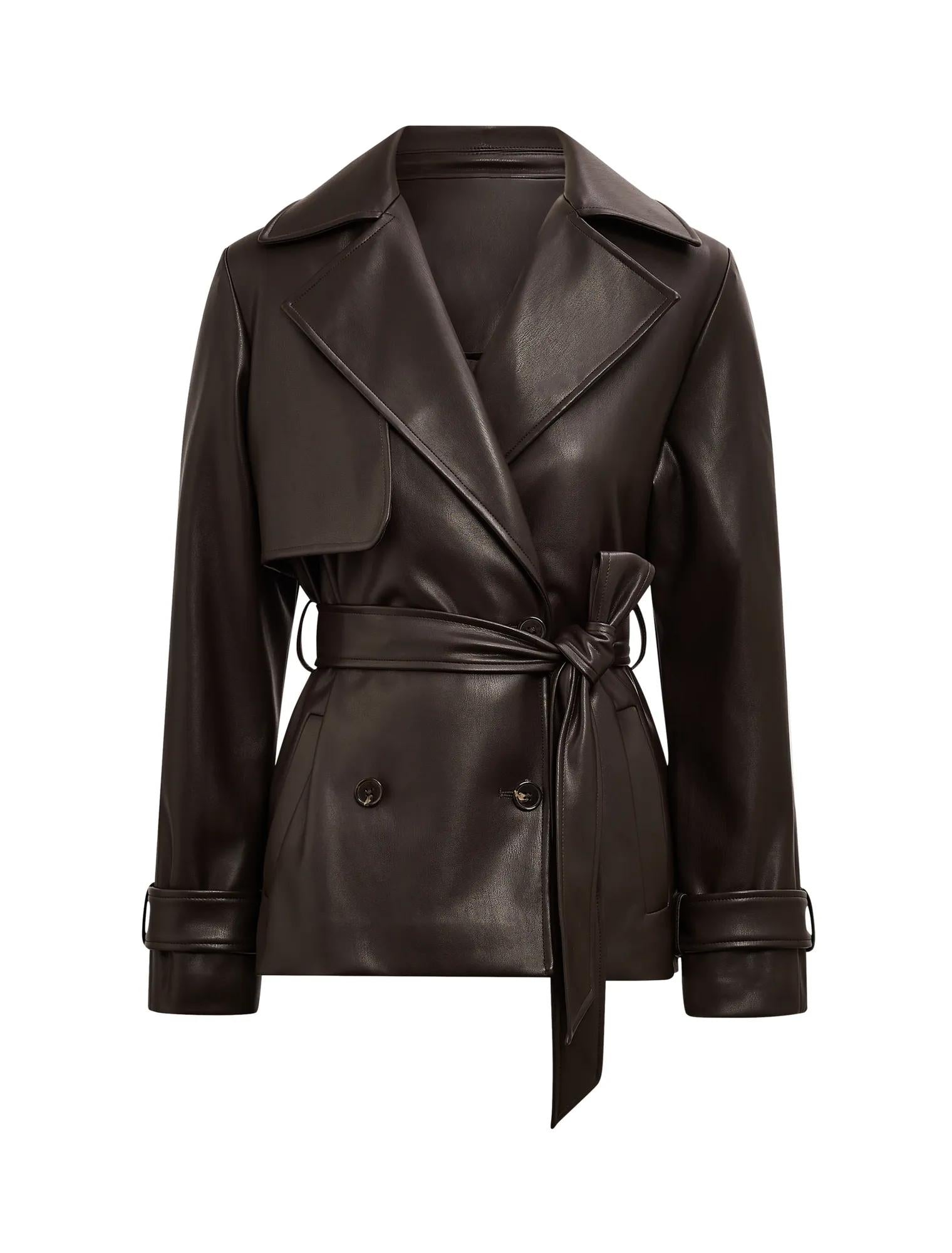 Payton Short Faux Leather Trench Coat Chocolate_mannequin