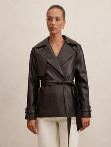 Payton Short Faux Leather Trench Coat Chocolate