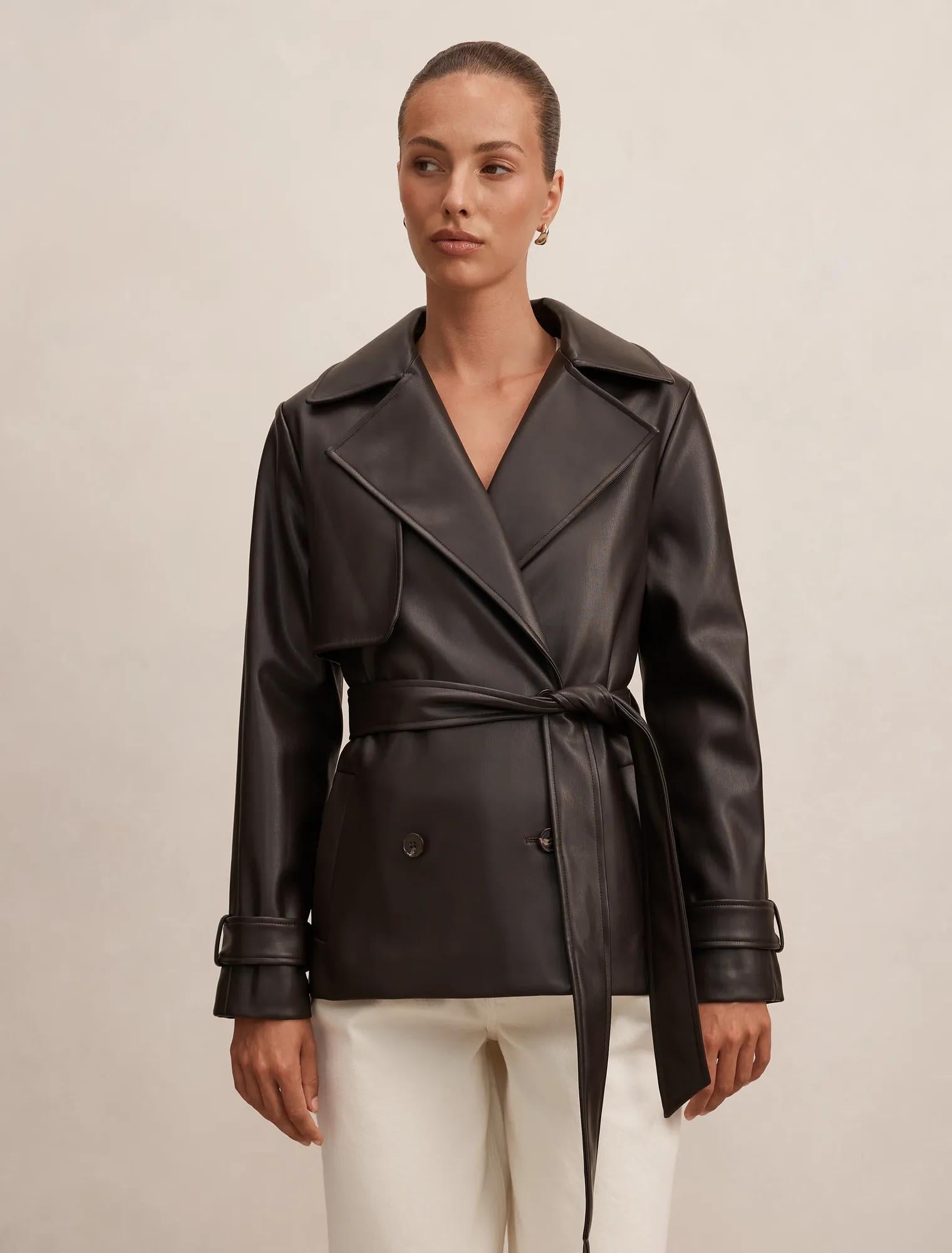 Payton Short Faux Leather Trench Coat Chocolate