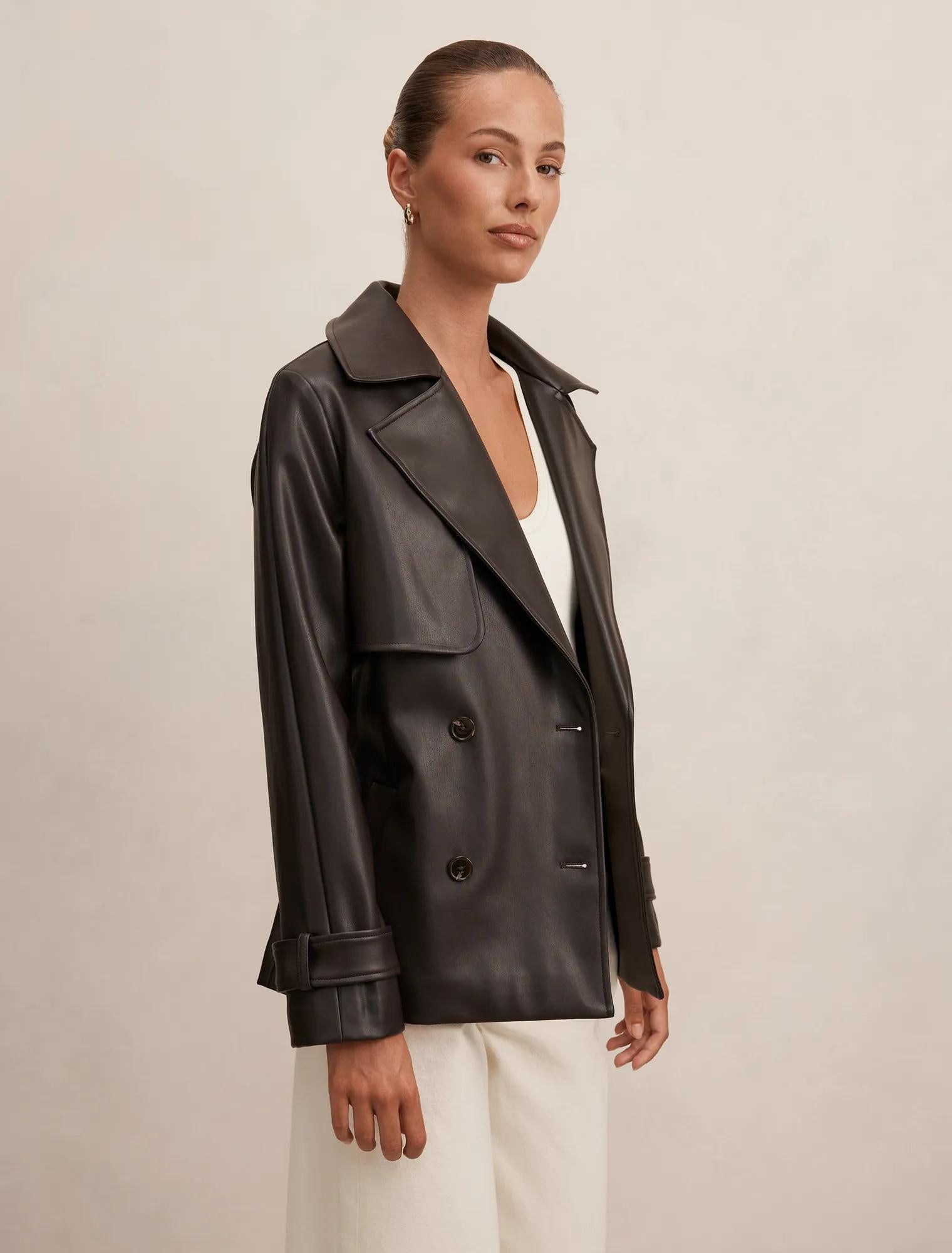 Payton Short Faux Leather Trench Coat Chocolate