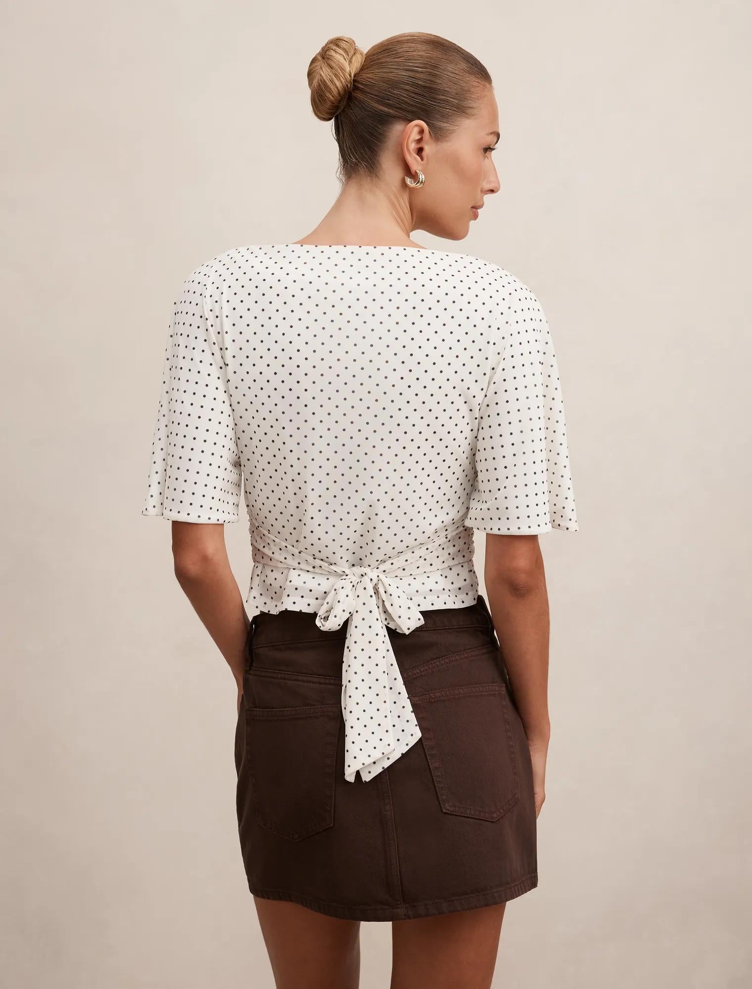 Paige Flutter Sleeve Tie Back Top Cream Elstone Spot