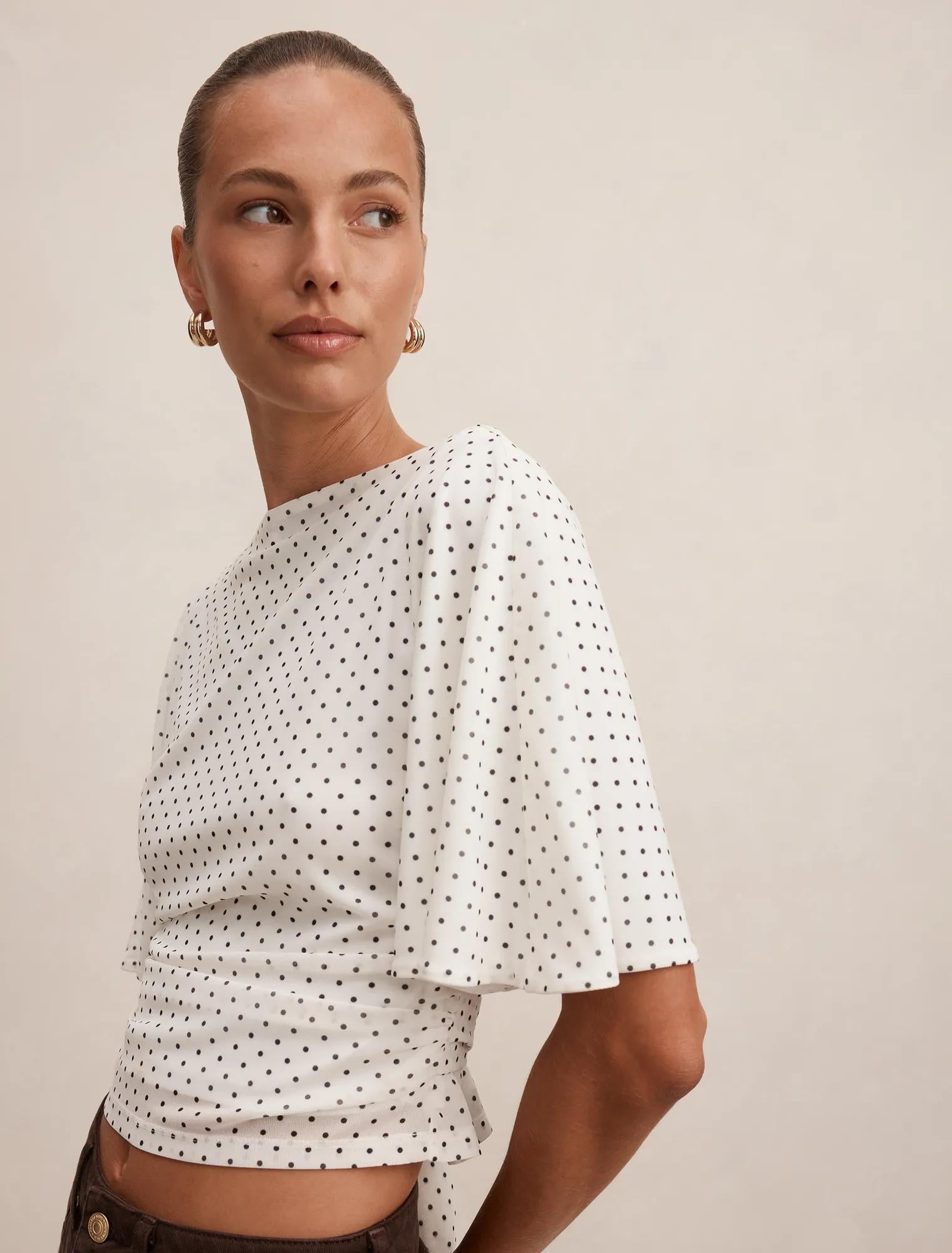 Paige Flutter Sleeve Tie Back Top Cream Elstone Spot