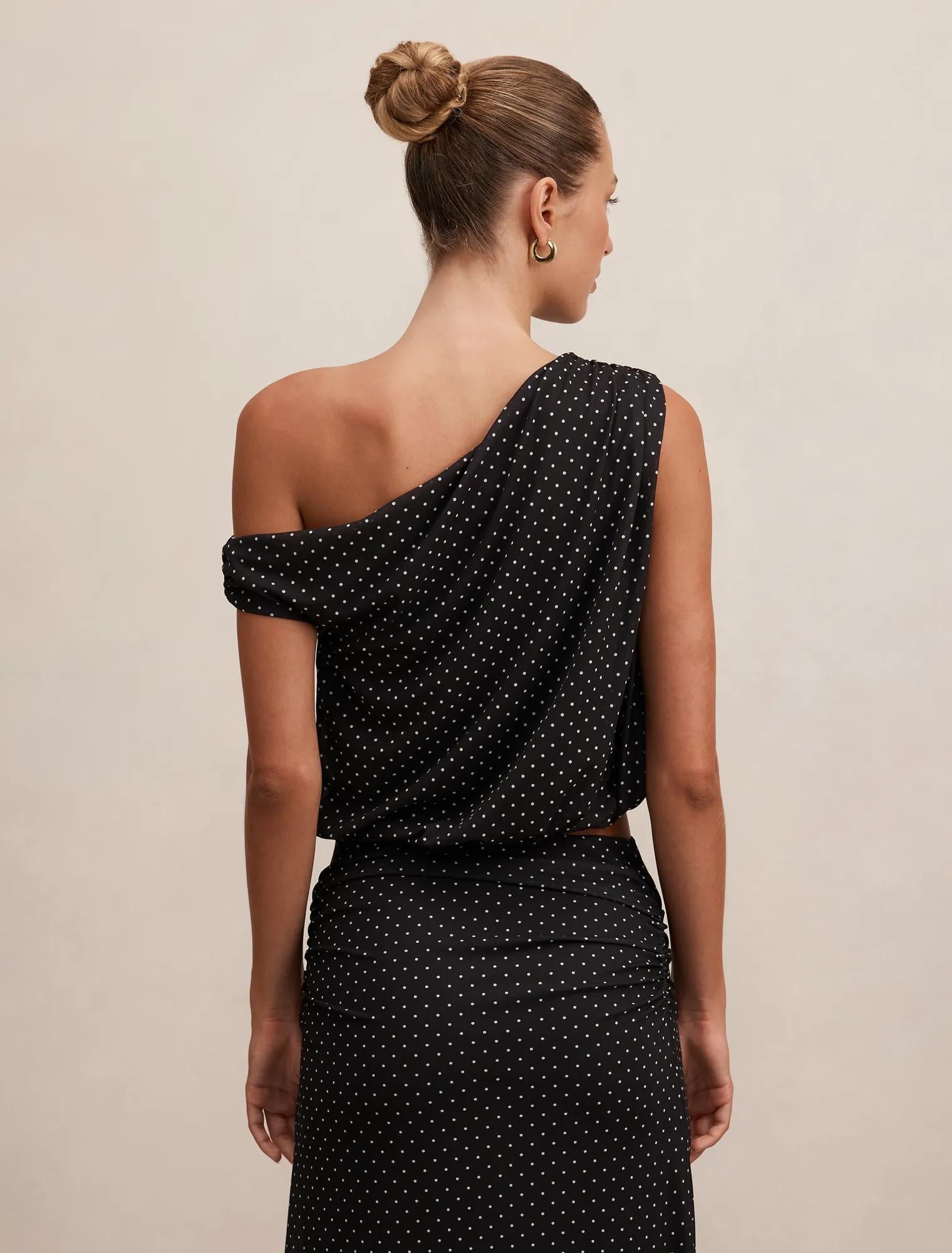 Mila Tipped Shoulder Drape Top Black Elstone Spot co-ord