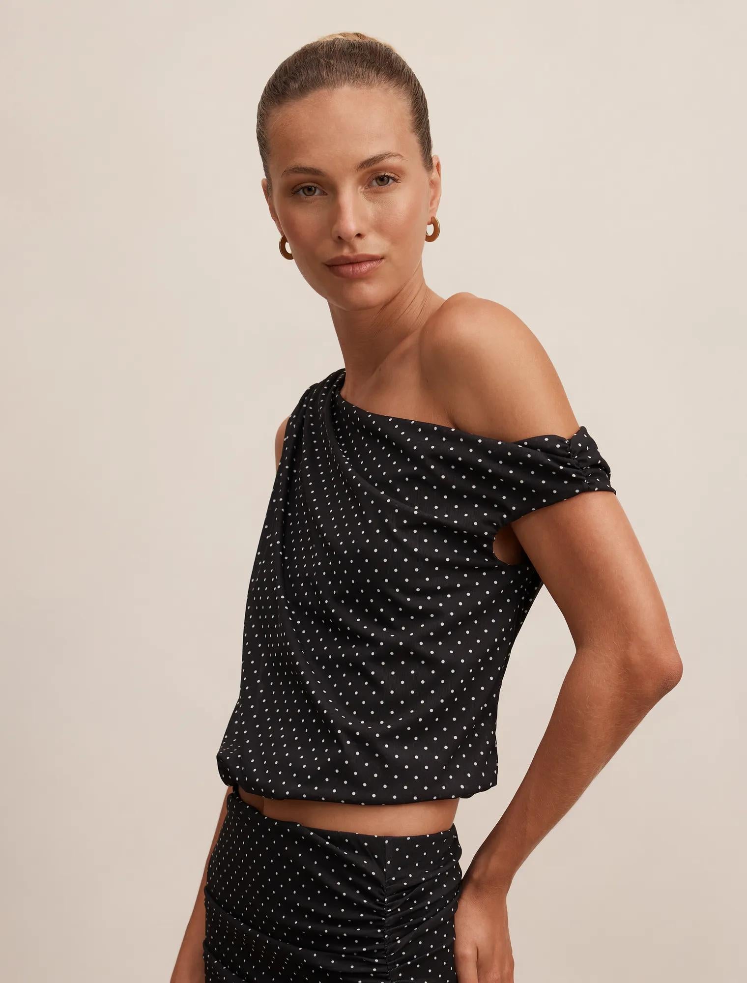 Mila Tipped Shoulder Drape Top Black Elstone Spot co-ord