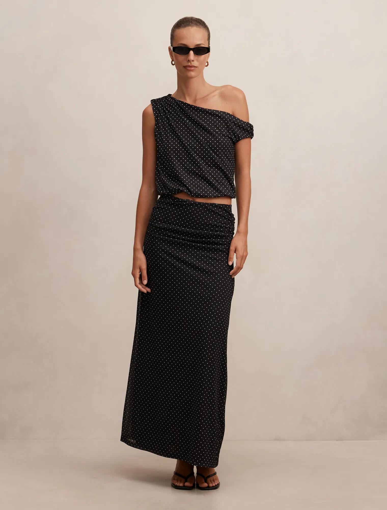 Mila Tipped Shoulder Drape Top Black Elstone Spot co-ord