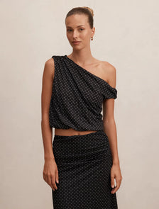 Mila Tipped Shoulder Drape Top Black Elstone Spot co-ord