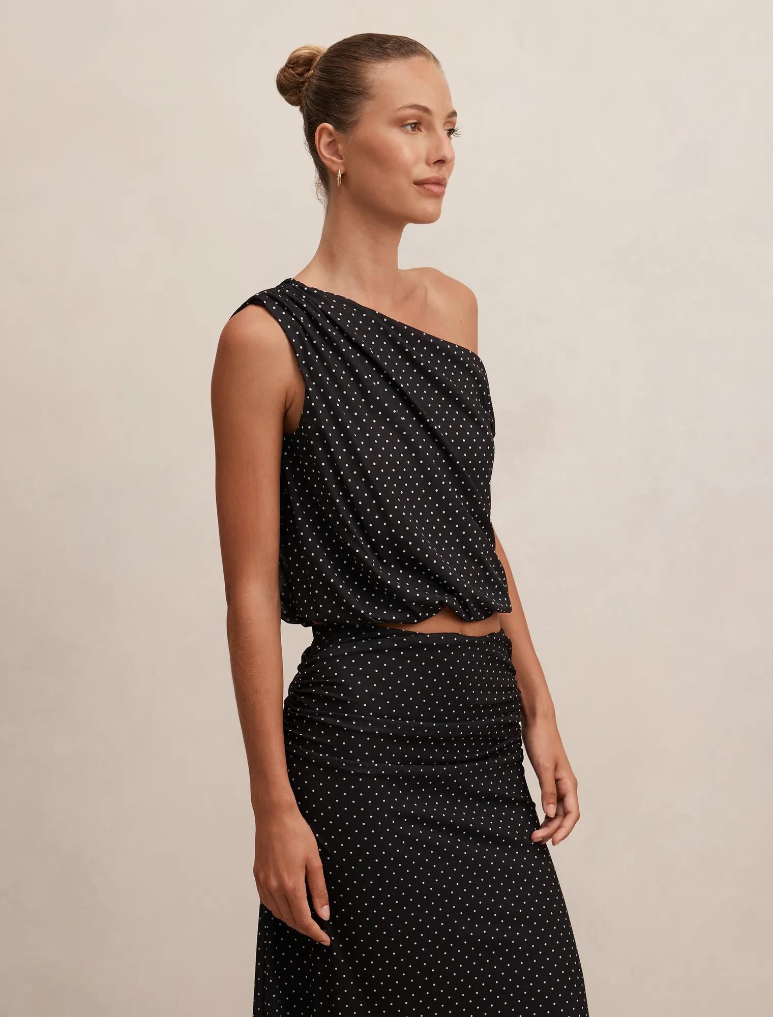 Mila Tipped Shoulder Drape Top Black Elstone Spot co-ord