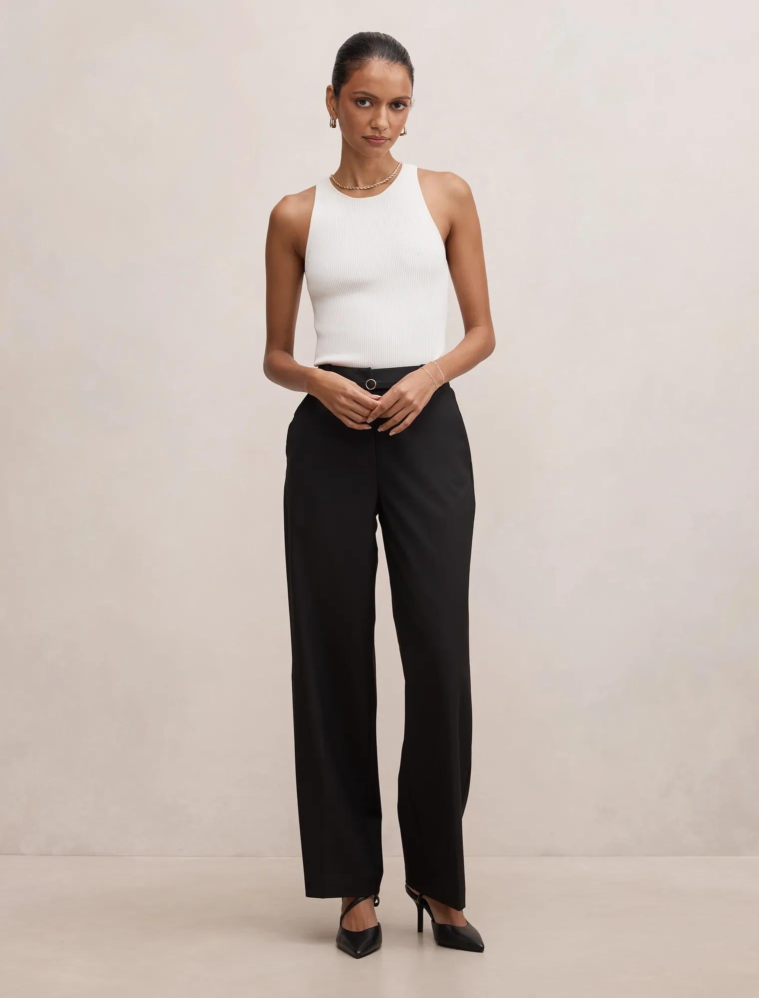 Kyla Petite Belted Straight Leg Pant Black