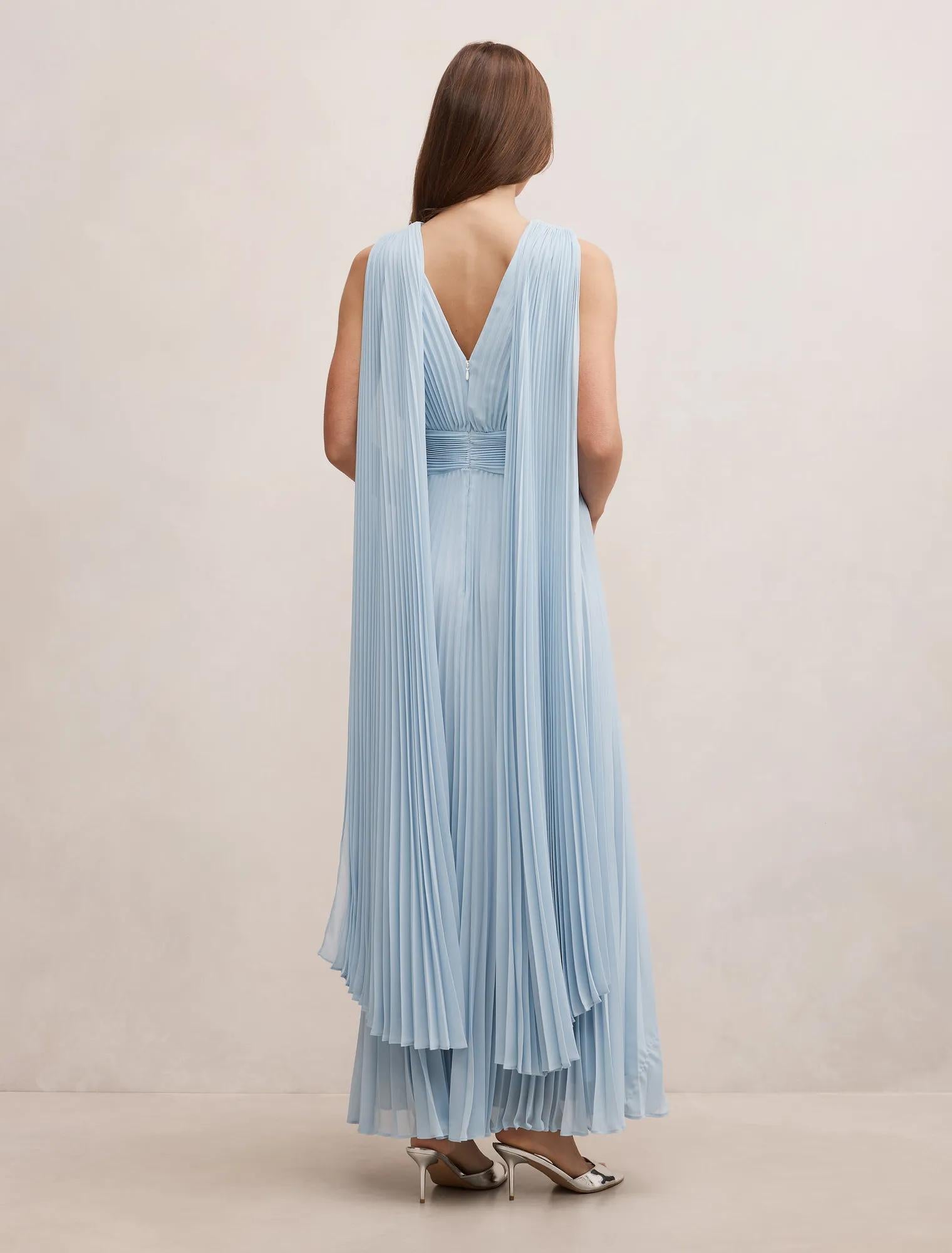 Leia Pleated Cape Maxi Dress Soft Blue