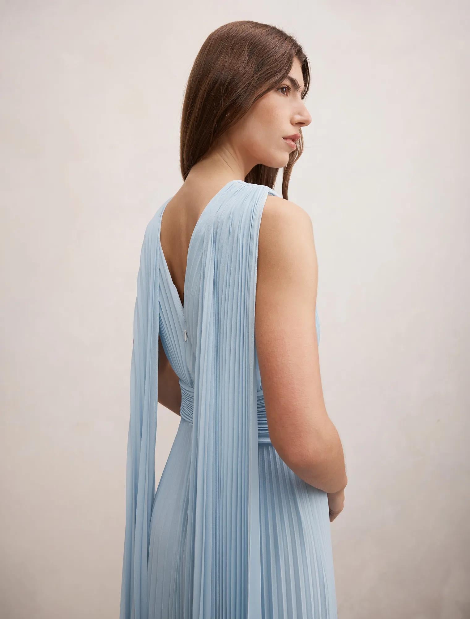 Leia Pleated Cape Maxi Dress Soft Blue