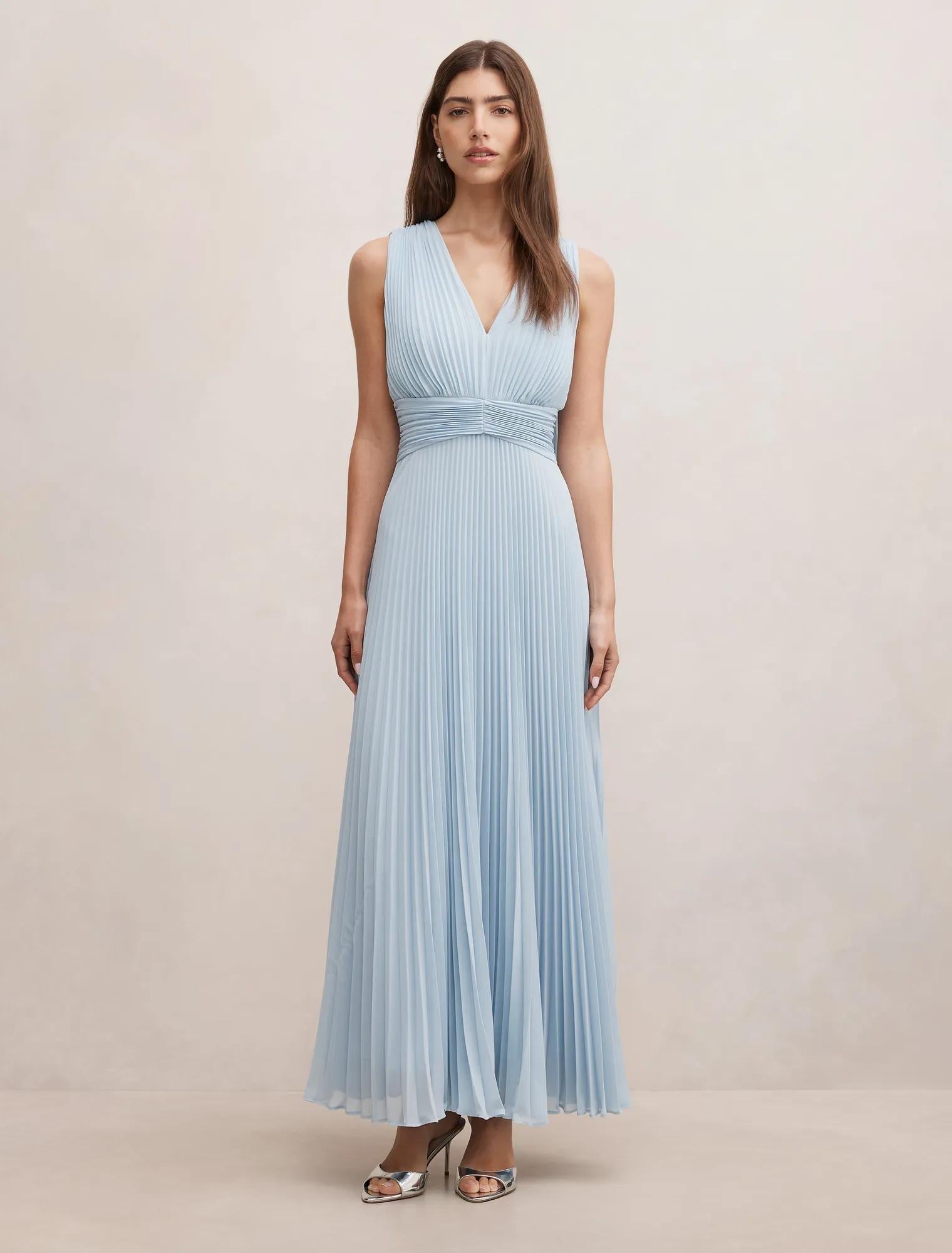 Leia Pleated Cape Maxi Dress Soft Blue