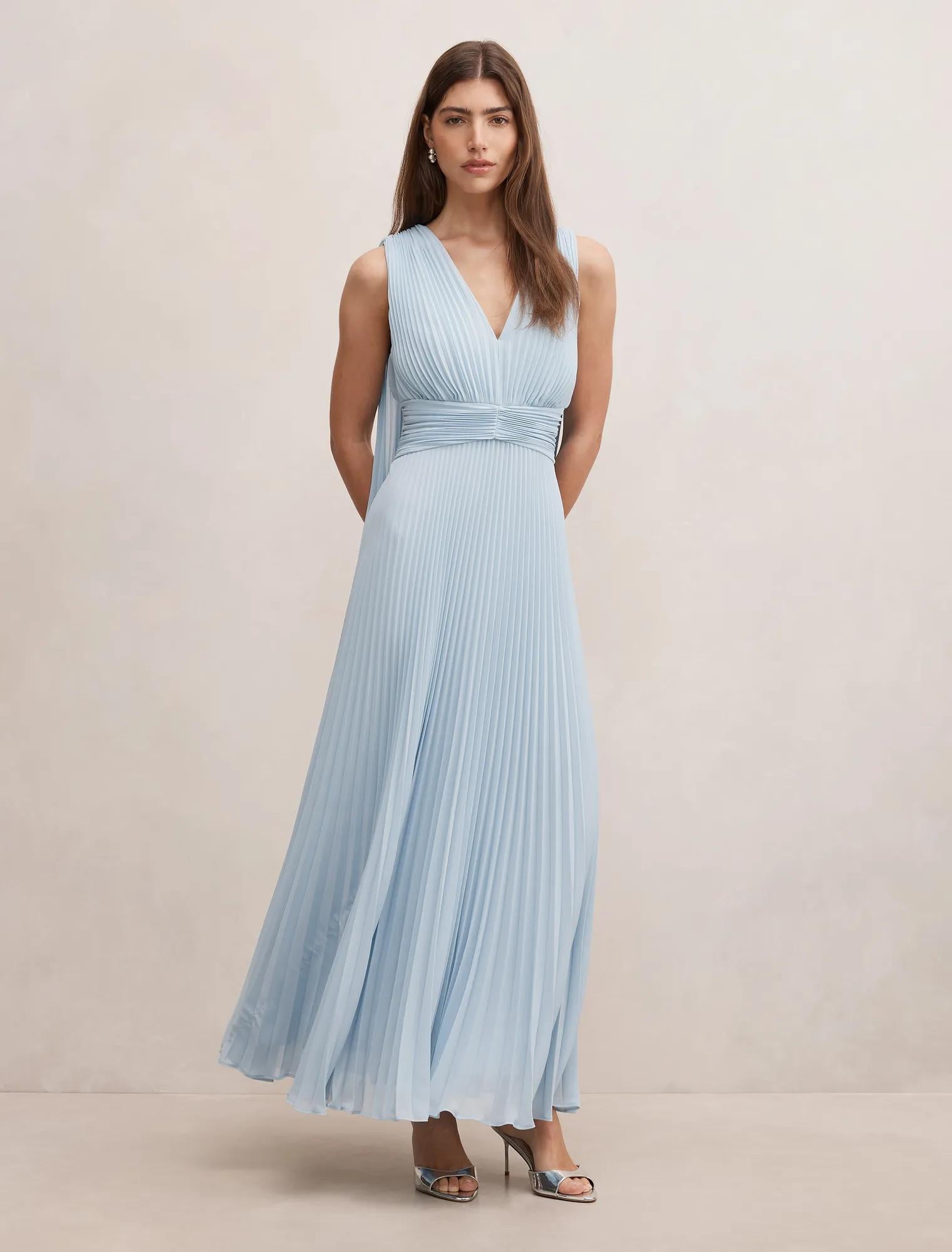 Leia Pleated Cape Maxi Dress Soft Blue