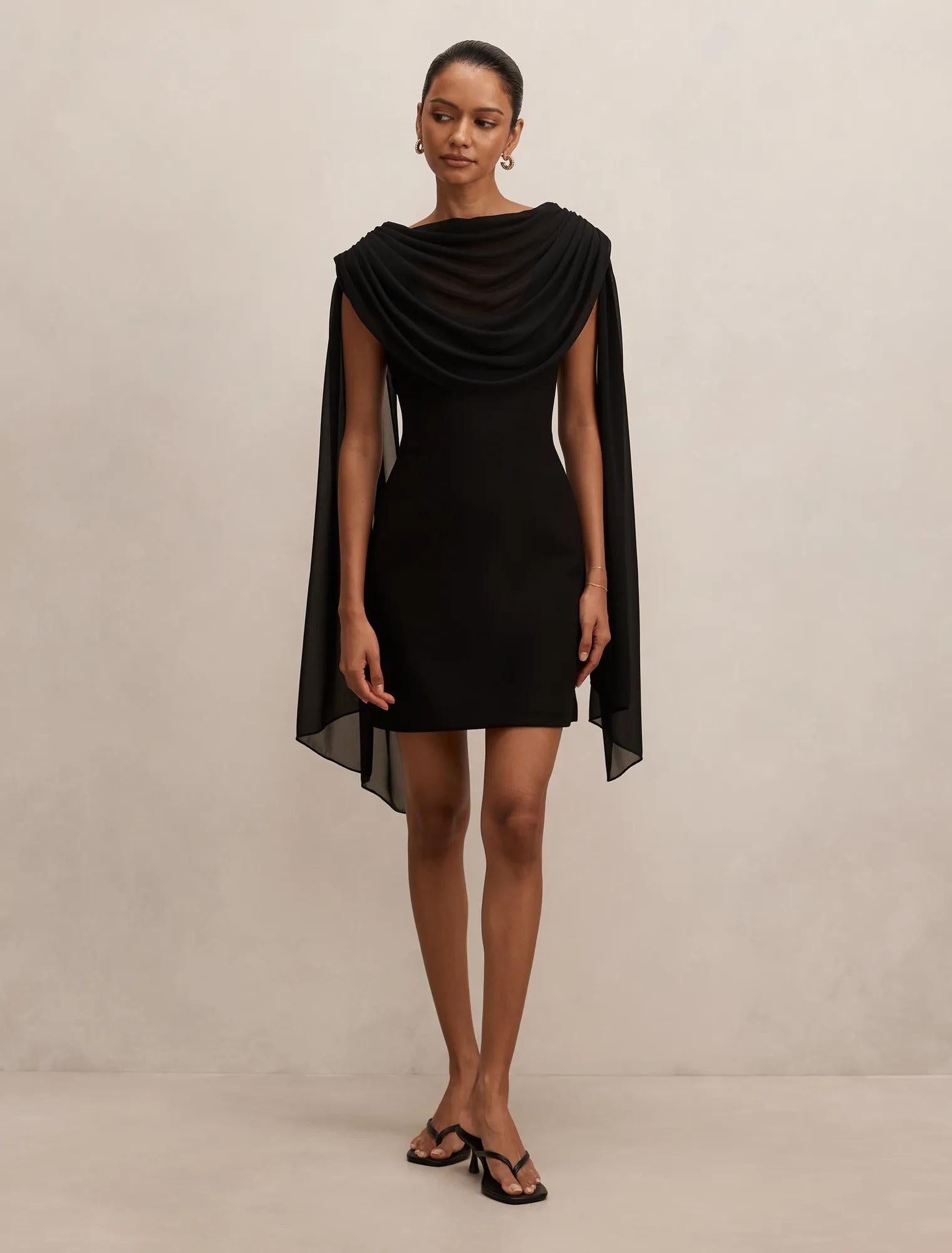 Bowie Petite Mini Dress with Shawl Black