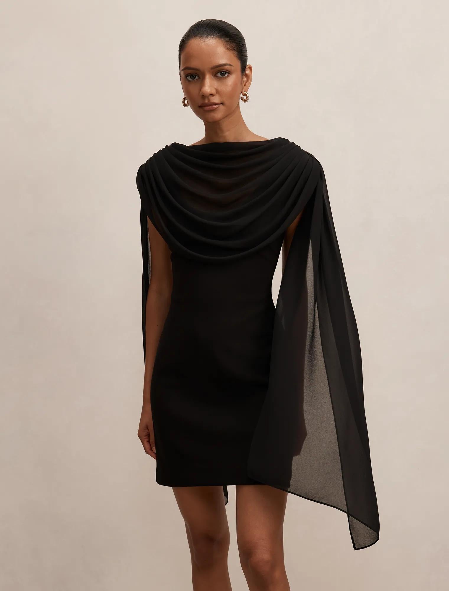 Bowie Petite Mini Dress with Shawl Black