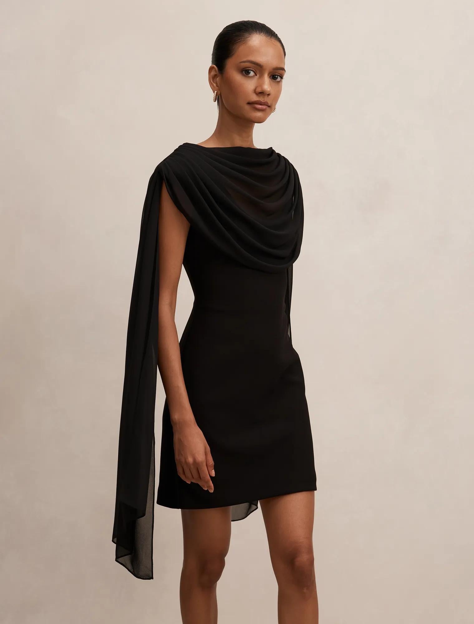 Bowie Petite Mini Dress with Shawl Black
