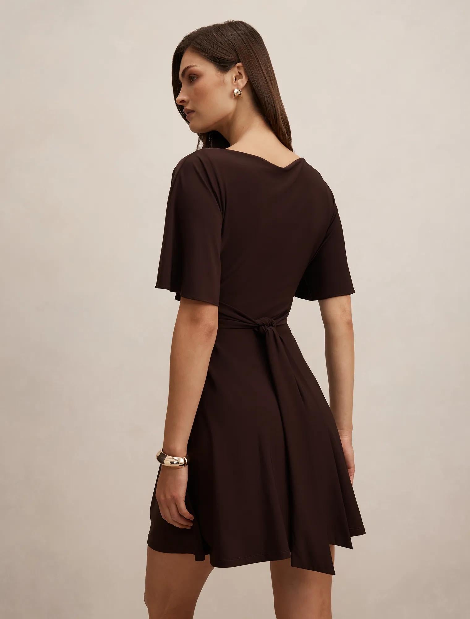 Cora Flutter Sleeve Tie Mini Dress Dark Chocolate