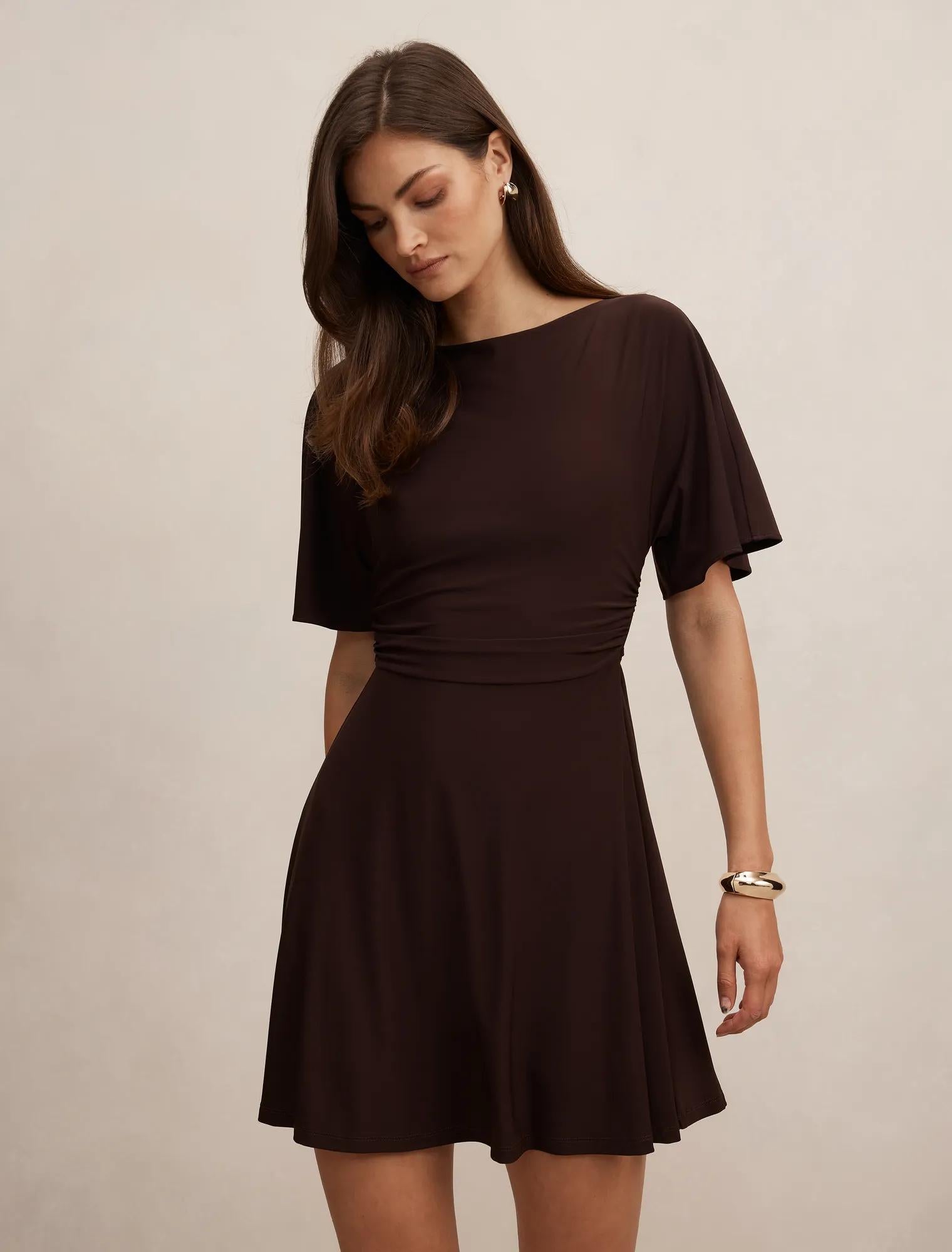 Cora Flutter Sleeve Tie Mini Dress Dark Chocolate
